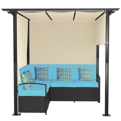 Outsunny Outdoor Wicker Sofa Set: With Retractable Canopy Pergola for Deck, Pool, Garden, Turquoise 