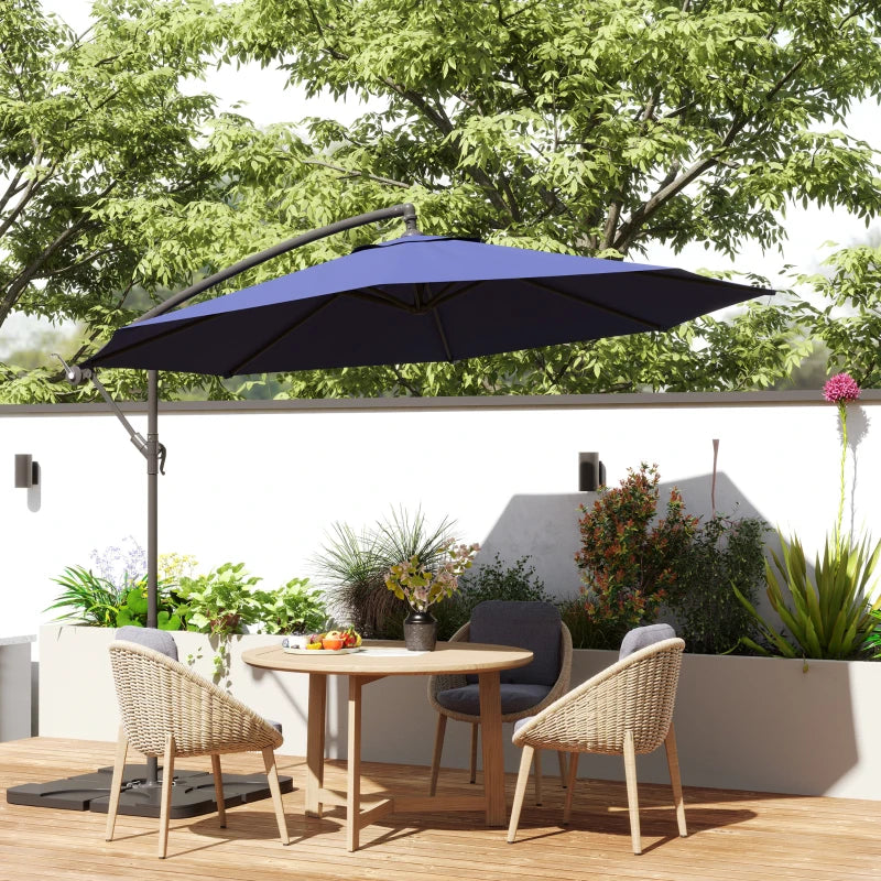 9.6ft Offset Patio Umbrella Garden Hanging Parasol Banana Cantilever Umbrella with Base, Crank, Navy Blue