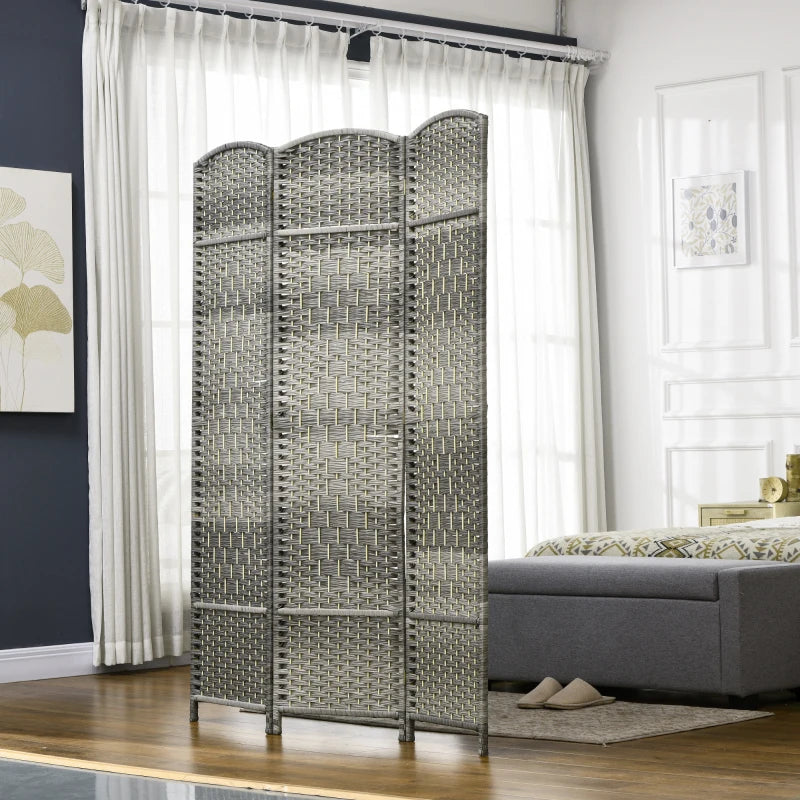 6 Ft Tall Folding Room Divider, 3 Panel Portable Privacy Screen, Hand-Woven Partition Wall Divider, Mixed Grey