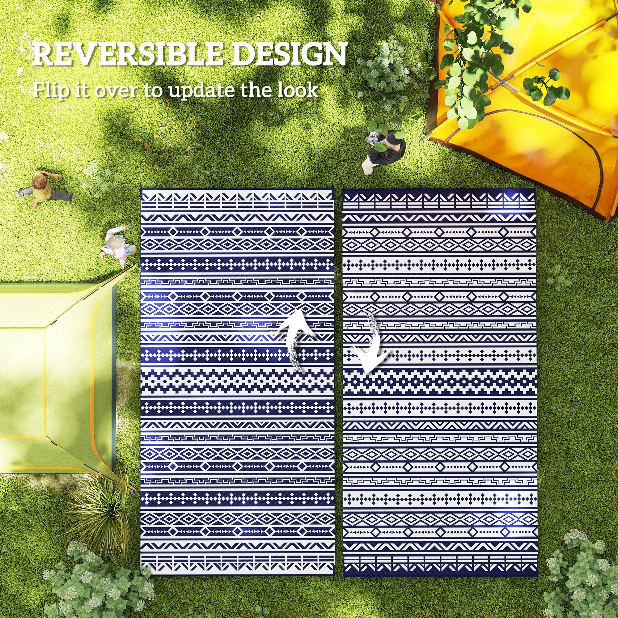 Outsunny 9' x 18' Outdoor RV Rug, Reversible Patio Floor Mat with Carry Bag, Geometric Wall, Blue and White 