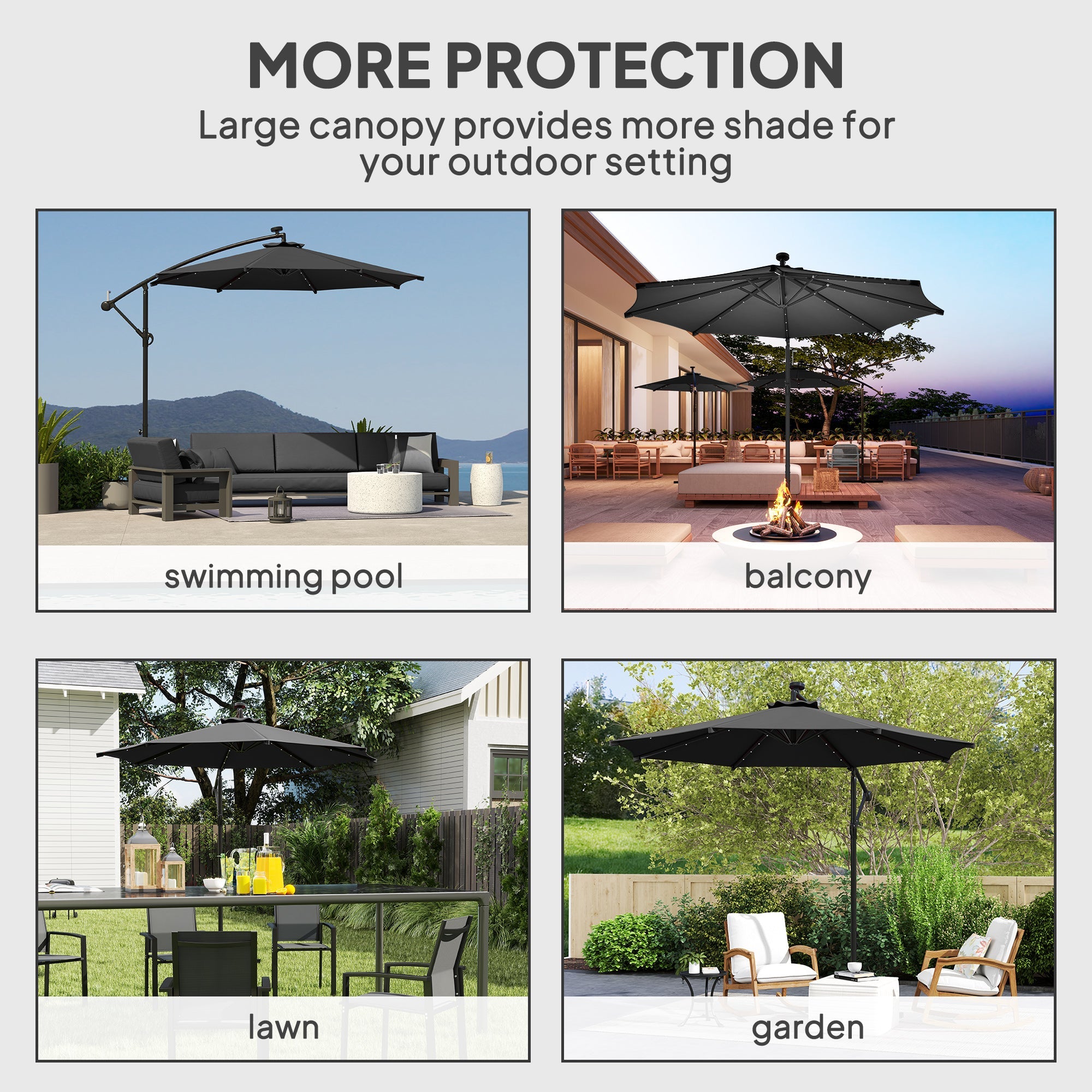 Outsunny 10ft Outdoor Cantilever Umbrella Banana Umbrella with Solar Lights and Adjustable Angle for Patio Backyard Black 