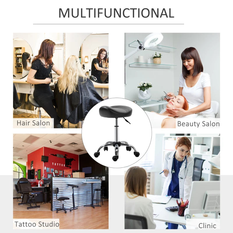 Saddle Stool, Height Adjustable Rolling Salon Chair with PU Leather for Massage, Spa, Clinic, Beauty and Tattoo, Black