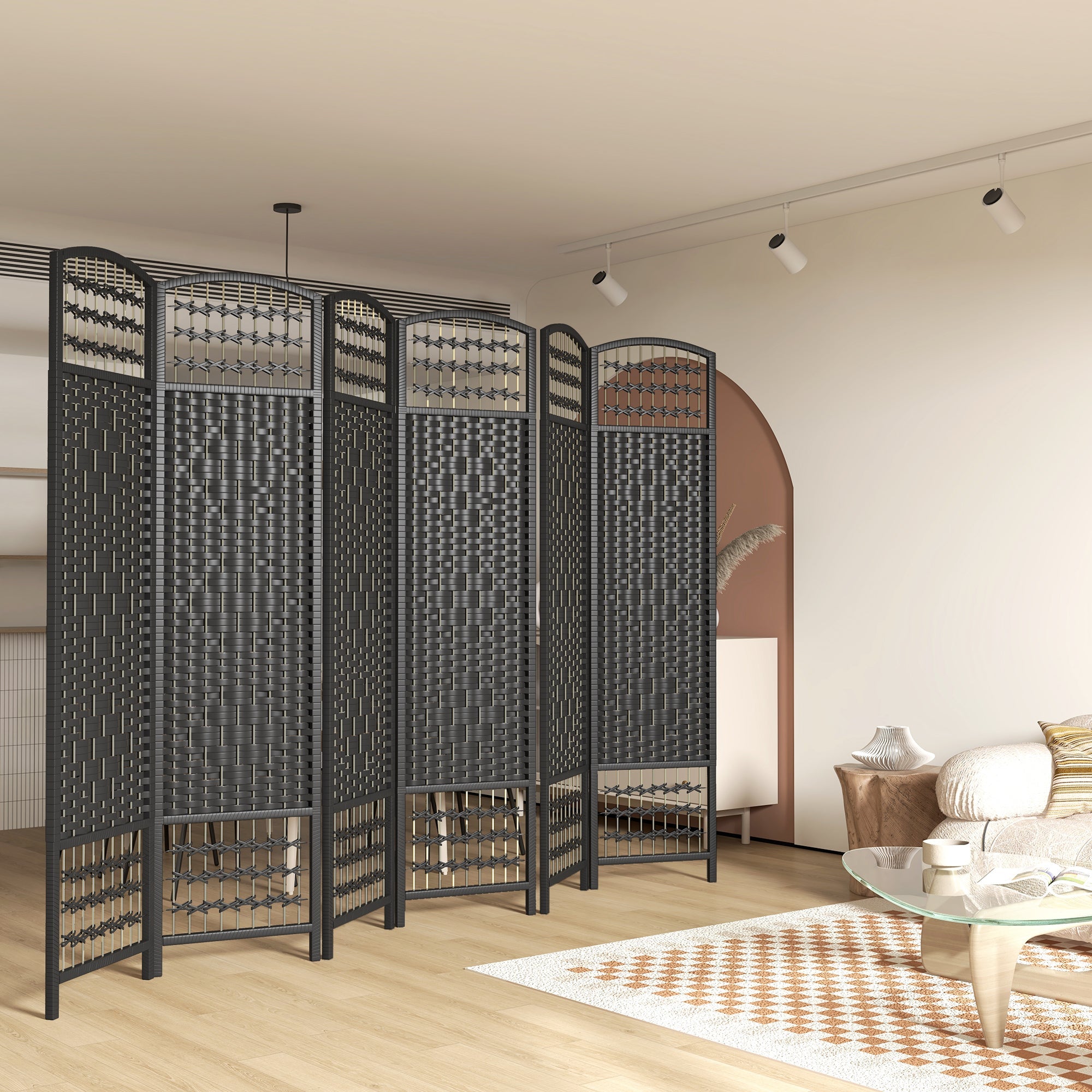 HOMCOM Stylish Wave Room Divider Screen: 6-Panel Folding Fiber Privacy Partition for Home & Office, Black 