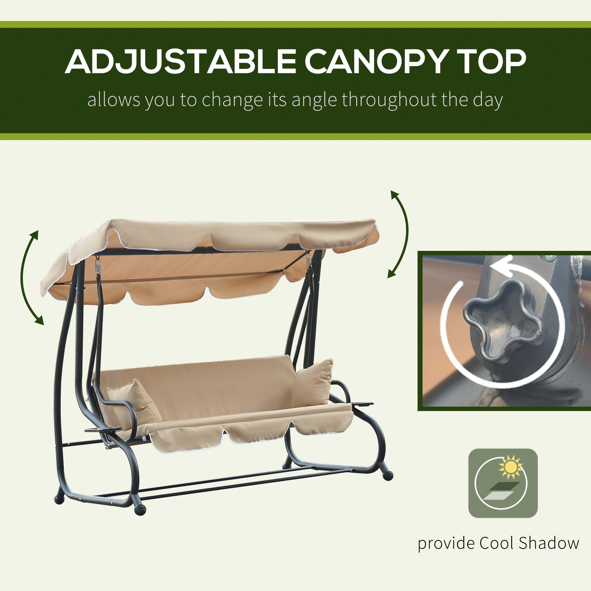 Outsunny Heavy-duty Metal 3 Seater Outdoor Swing Chair Garden Hammock Bed with Canopy and 2 Pillows Beige 