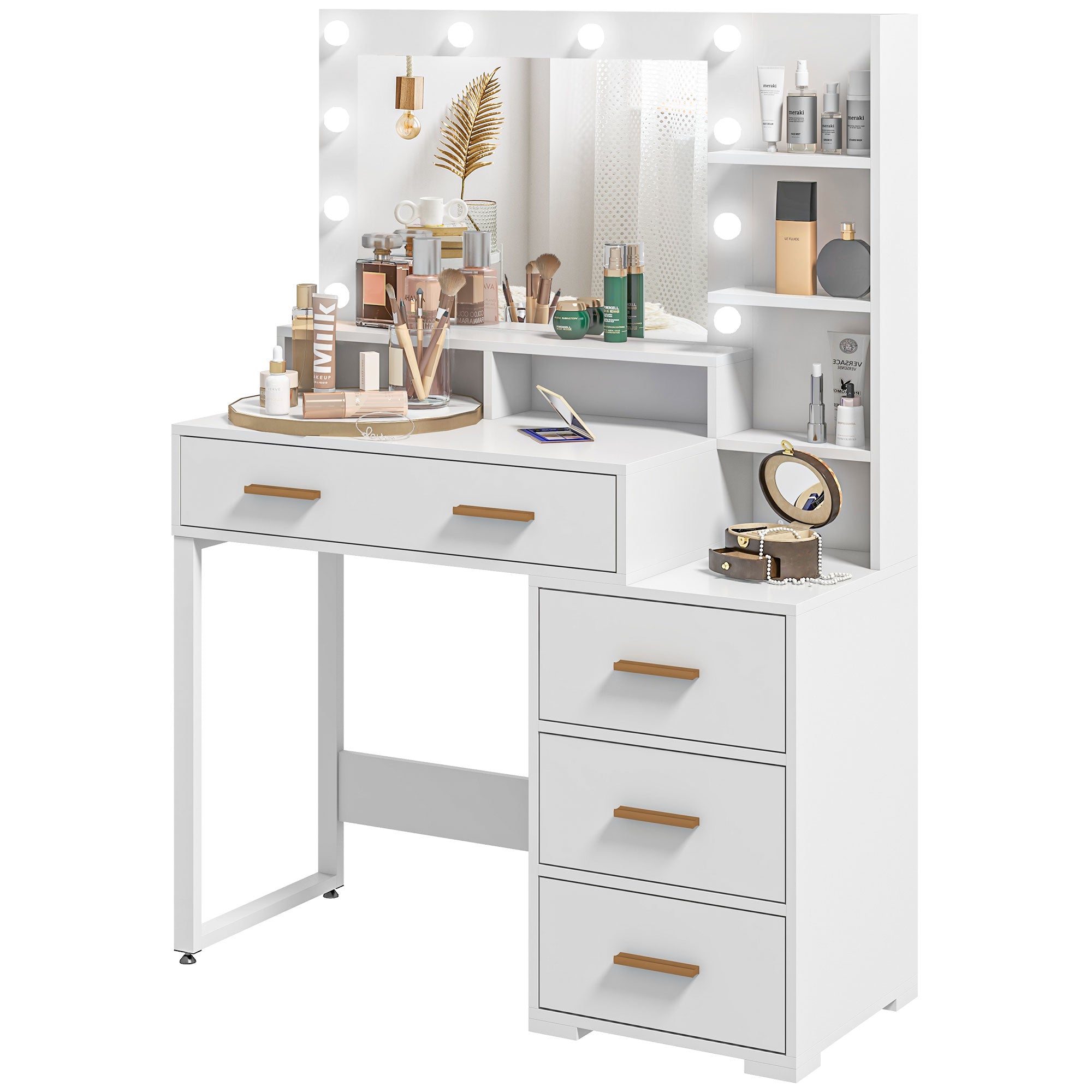 HOMCOM Illuminated Dresssing Table, LED Vanity Table with Mirror, Drawer and Storage Shelves for Bedroom, White 