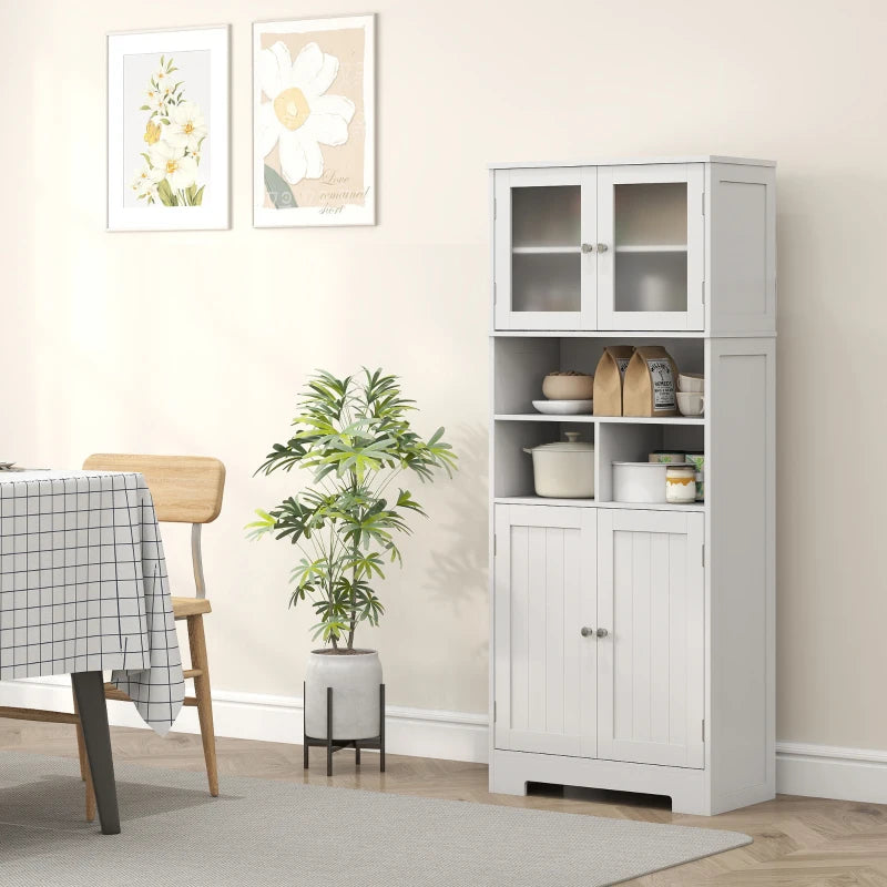 57" Kitchen Pantry, Freestanding Pantry Storage Cabinet with Glass Doors, Adjustable Shelves, Open Compartments, White