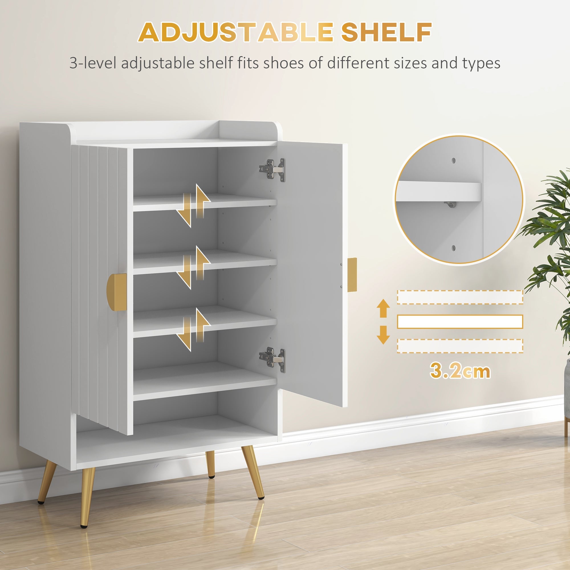 HOMCOM Entryway Narrow Shoe Storage Cabinet with Adjustable Shelves Open Shelf for 15 Pairs White 