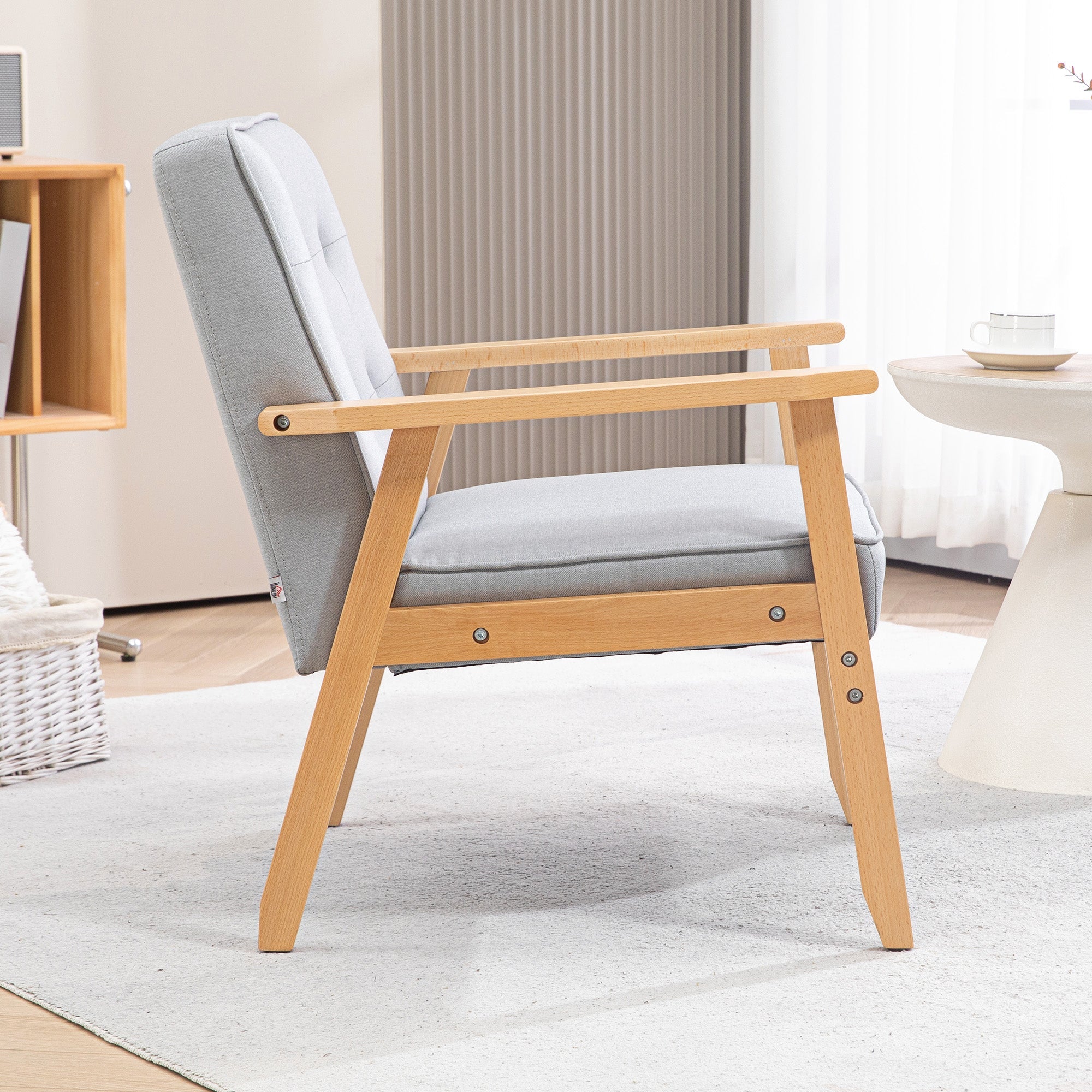 HOMCOM Modern Light Grey Fabric Accent Chair with Tufted Back Wood Legs Thick Padding for Living Room Bedroom 