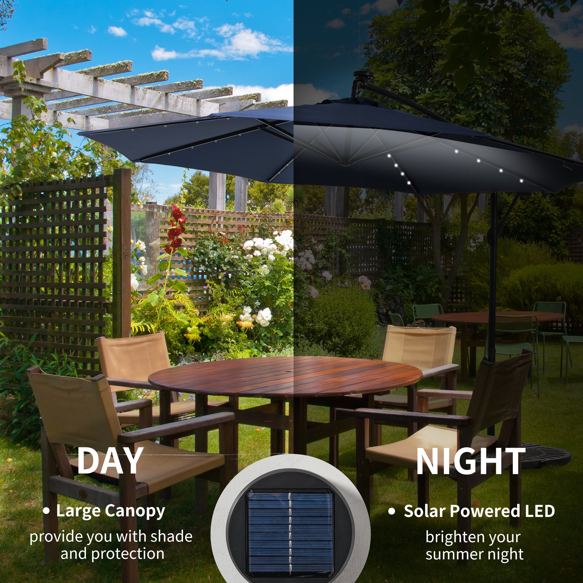 Outsunny 10ft Outdoor Cantilever Umbrella with Solar Lights Banana Adjustable Angle for Patio Backyard Navy Blue 