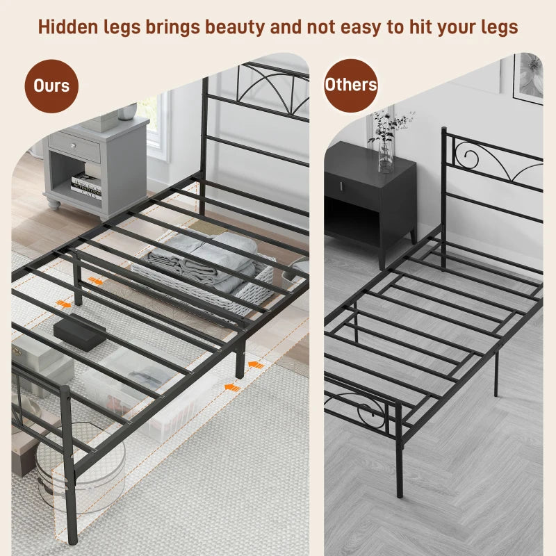 Metal Twin Platform Bed Frame with Headboard, Steel Slat Support, Underbed Storage, No Box Spring Needed, Easy Assembly