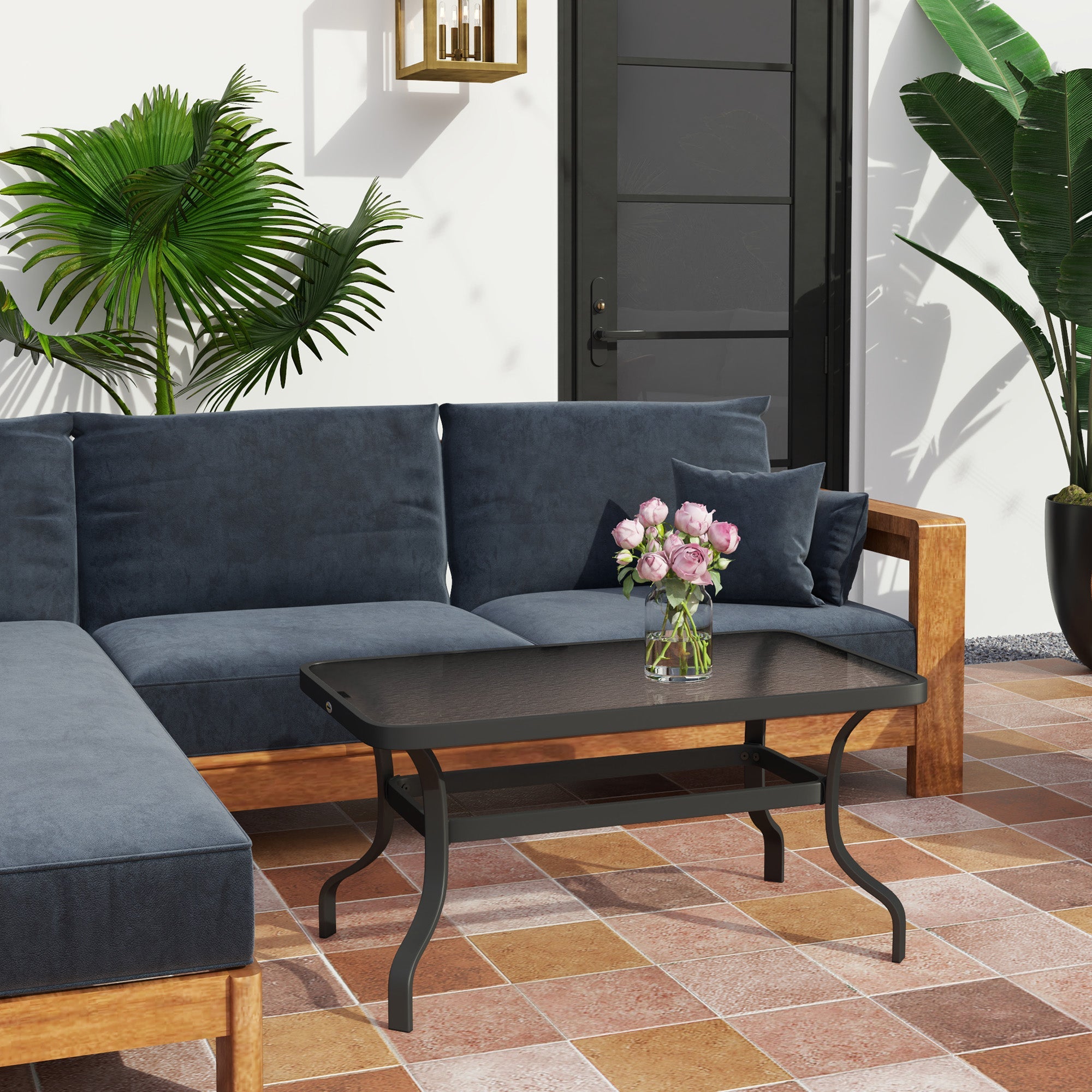 Outsunny 37" Patio Coffee Table with Tempered Glass Top, Outdoor Coffee Table with Metal Frame, Black 