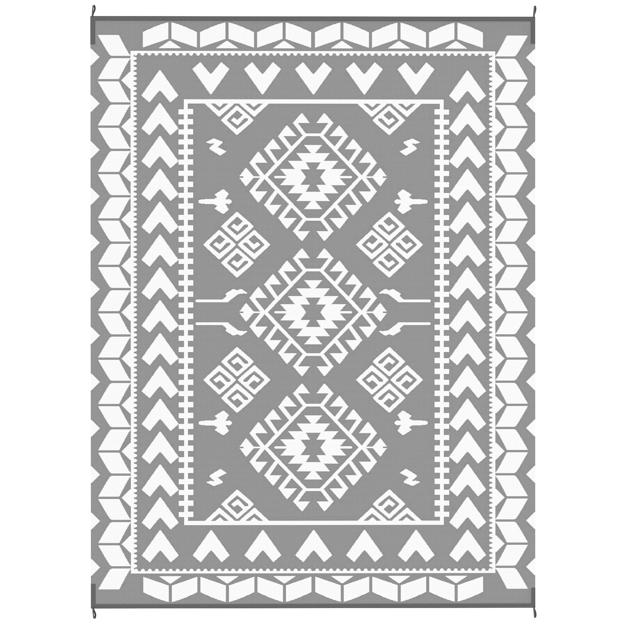 Outsunny 9' x 12' Outdoor RV Rug, Reversible Patio Floor Mat with Carry Bag, Rhombus Patchwork, Grey and White 