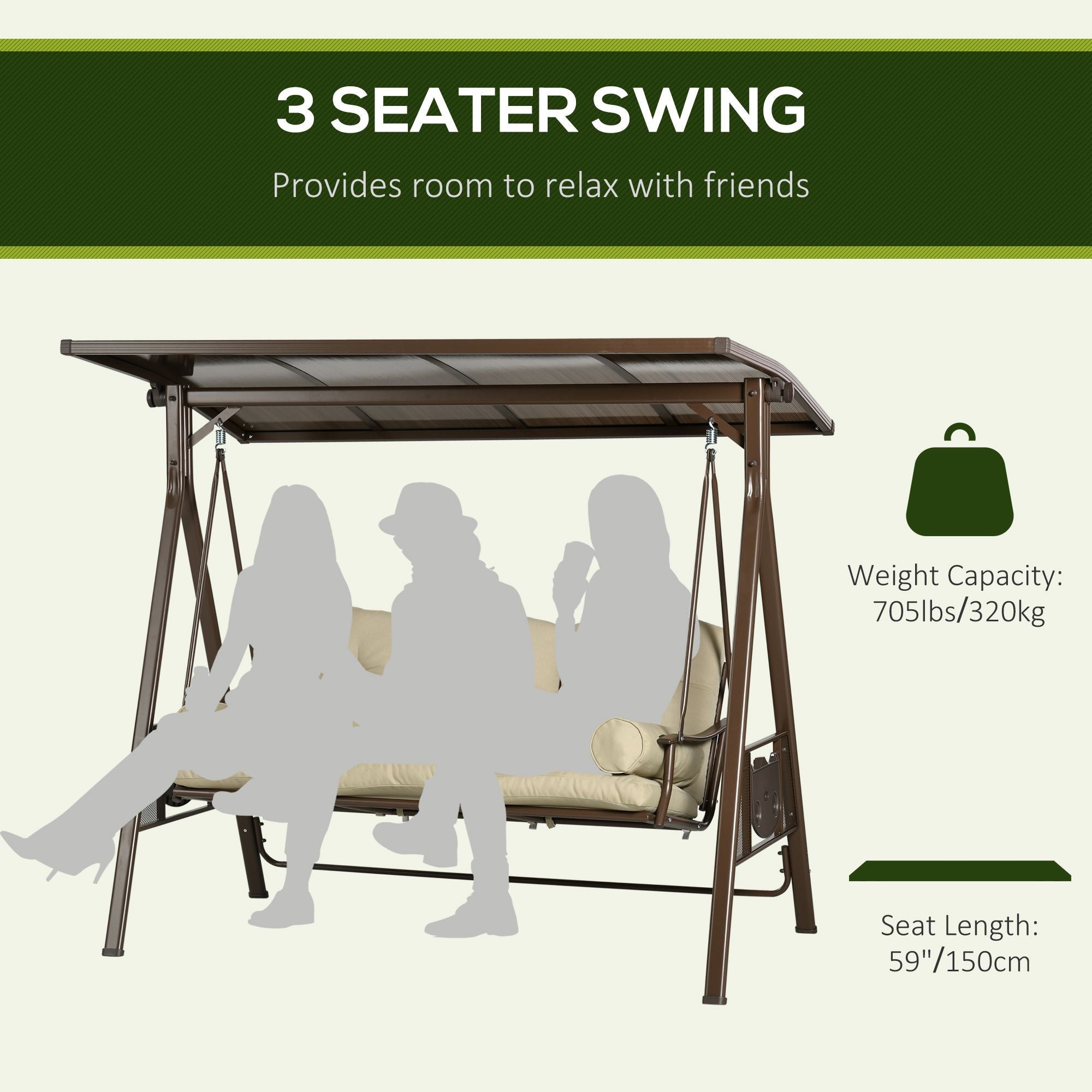 Outsunny 3-Seat Outdoor Canopy Swing Chair, Comfortable Glider with Cushion & Pillows, Adjustable Polycarbonate Roof for Porch 