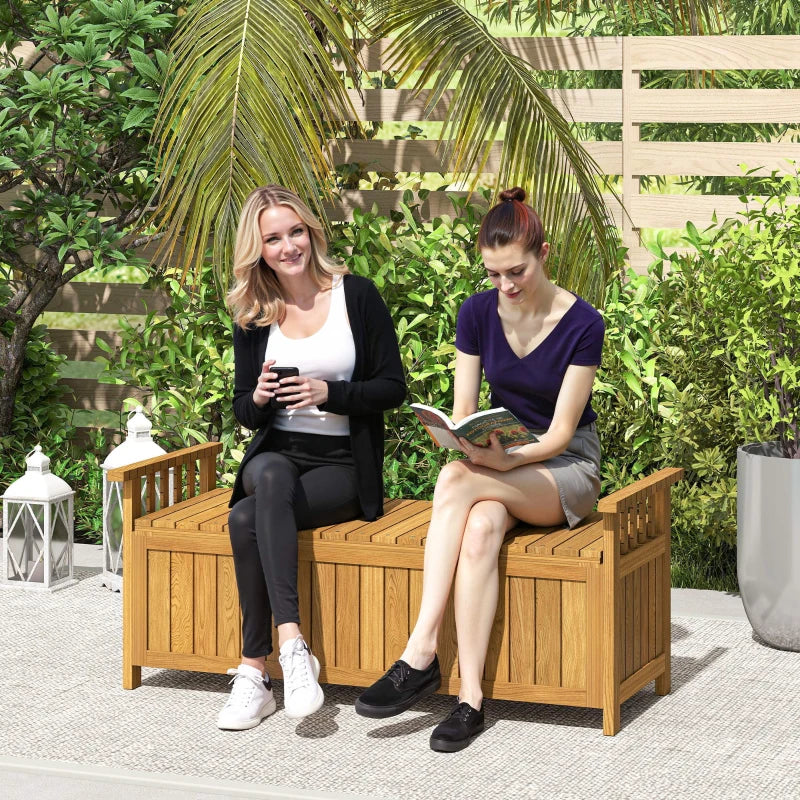 Wooden Bench with Storage Box, Outdoor Exterior Bench with Armrests for Patio Garden Balcony, Brown