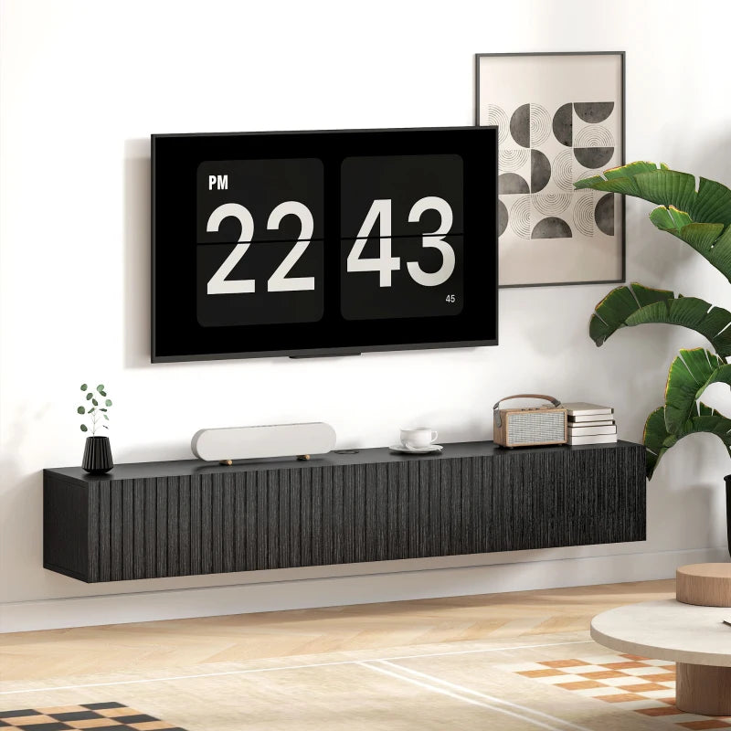 55" Floating TV Stand for TVs up to 72 Inch, Wall Mount Media Console with 2 Fluted Flip-Down Doors, Cable Hole, Black