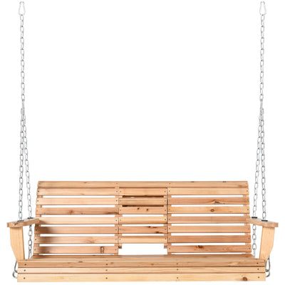 Outsunny 3-Seater Patio Swing Chair with Foldable Table & Cup Holders, Durable Wood Porch Swing, Steel Chains, Natural Finish 