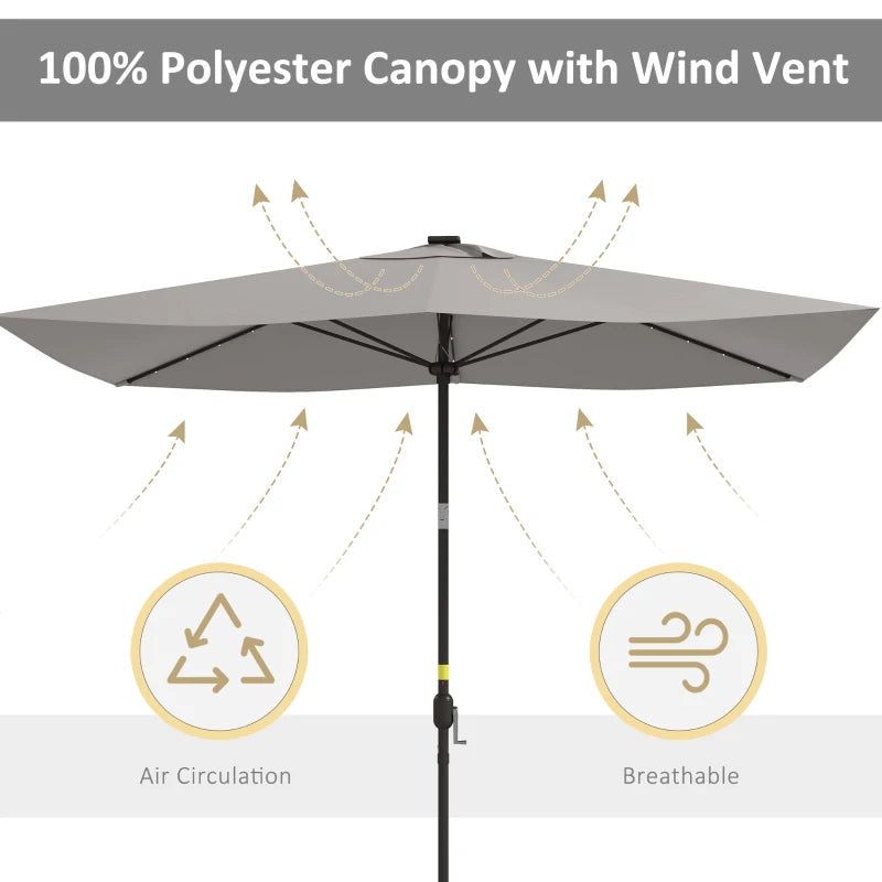 6.5x10ft Patio Umbrella Tilt Aluminum Outdoor Market Parasol with Solar Powered LEDs, Crank - Light Grey