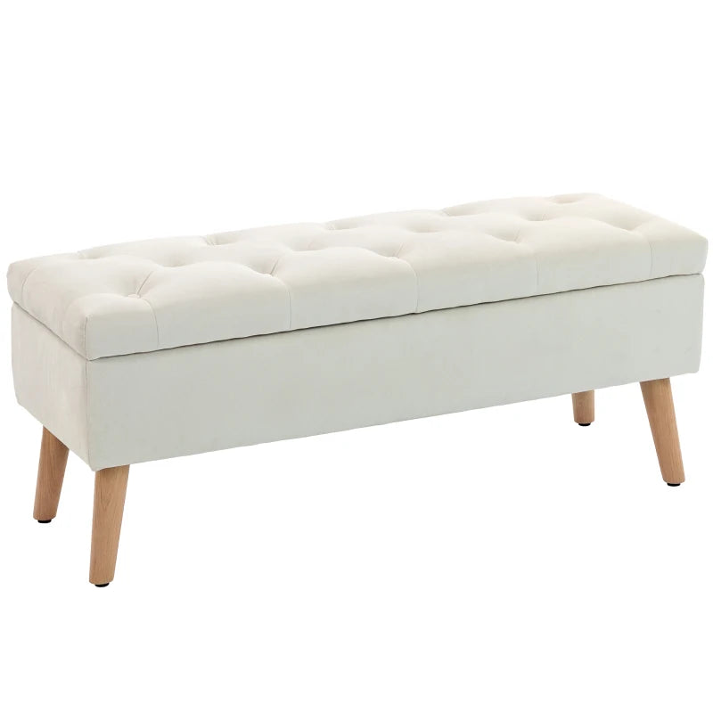 Storage Ottoman with Lid, Velvet Upholstered Storage Bench with Wood Legs for Living Room, Cream White