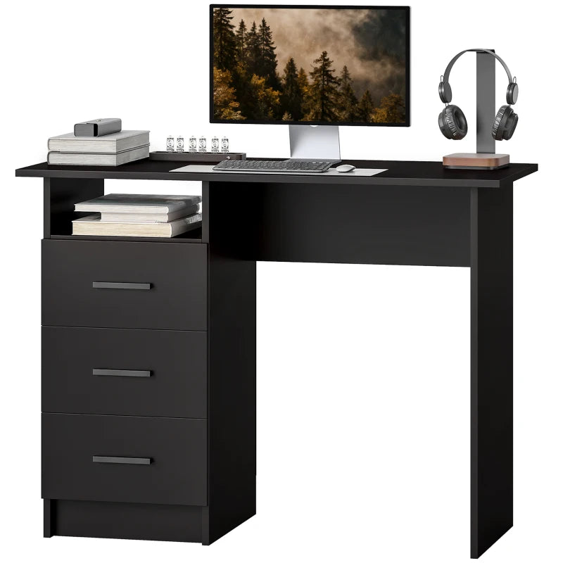 Computer Desk with Storage, 39" Home Office Desk with 3 Drawers nad Open Shelf, Writing Table for Bedroom, Black