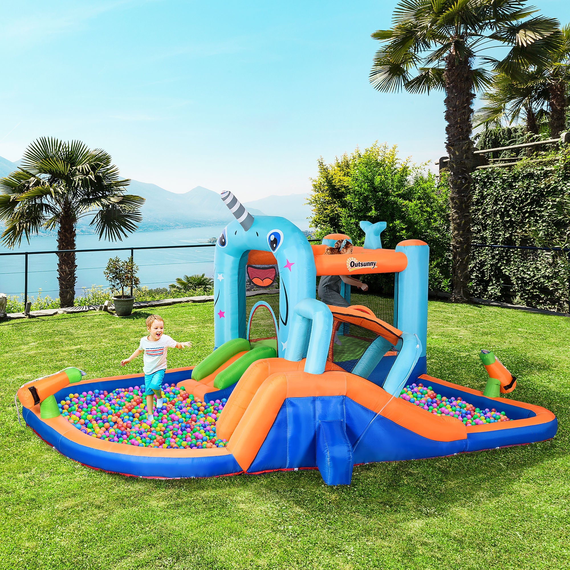 Outsunny Narwhals Style 5-in-1 Inflatable Water Slide Kids Bounce House with Trampoline Climbing Wall Slide Carry Bag 