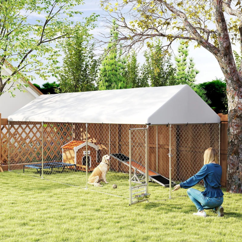 Outdoor Dog Run with Adjustable & Rotatable Bowls, Waterproof UV-Resistant Cover, Escape-Proof Lock, 19.7' x 7.5' x 7.5'