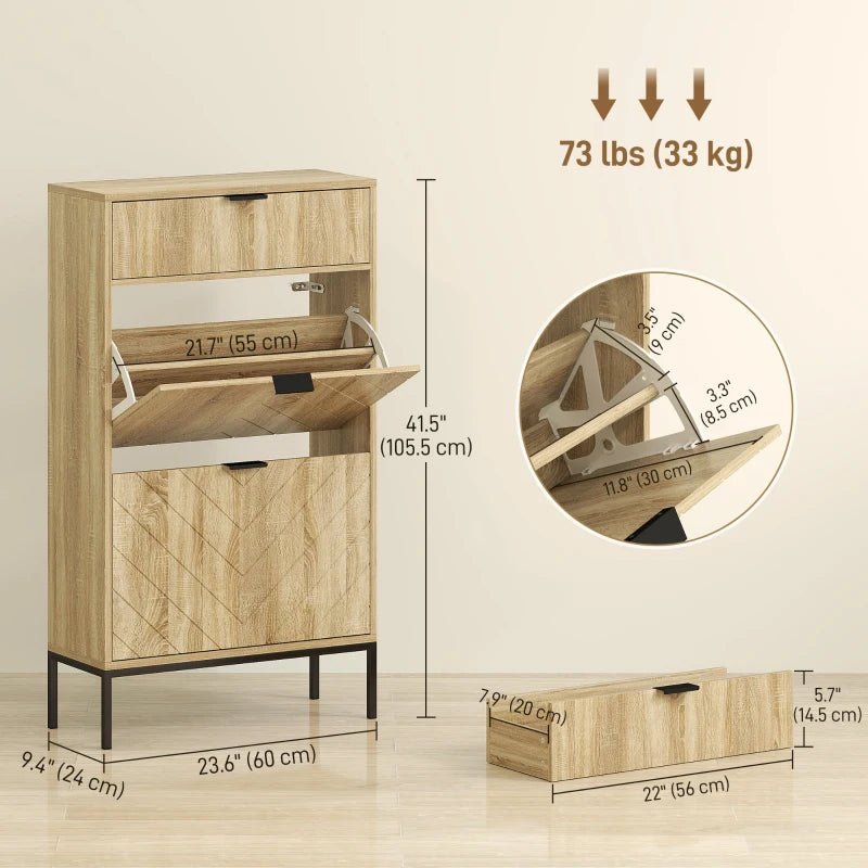 Narrow Shoe Storage Cabinet with Flip Drawers, Shoe Cabinet with Adjustable Shelves, Sliding Drawer, Holds 8 Pairs, Oak