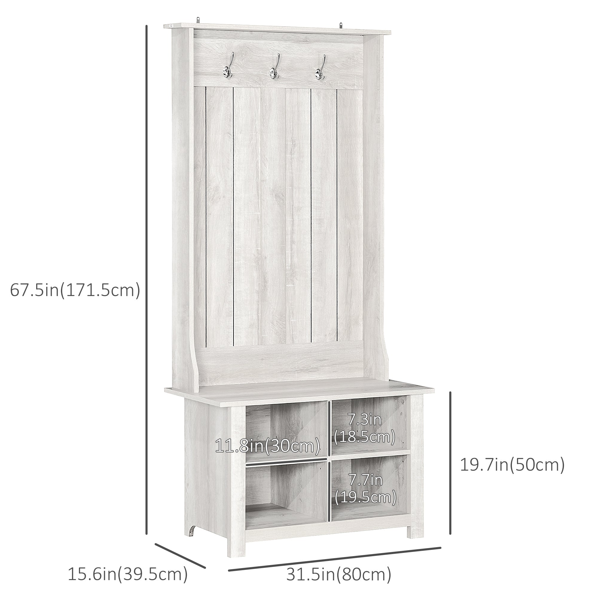HOMCOM Hall Tree Coat and Shoe Storage Bench with Adjustable Shelves Entryway Organizer, White Finish 
