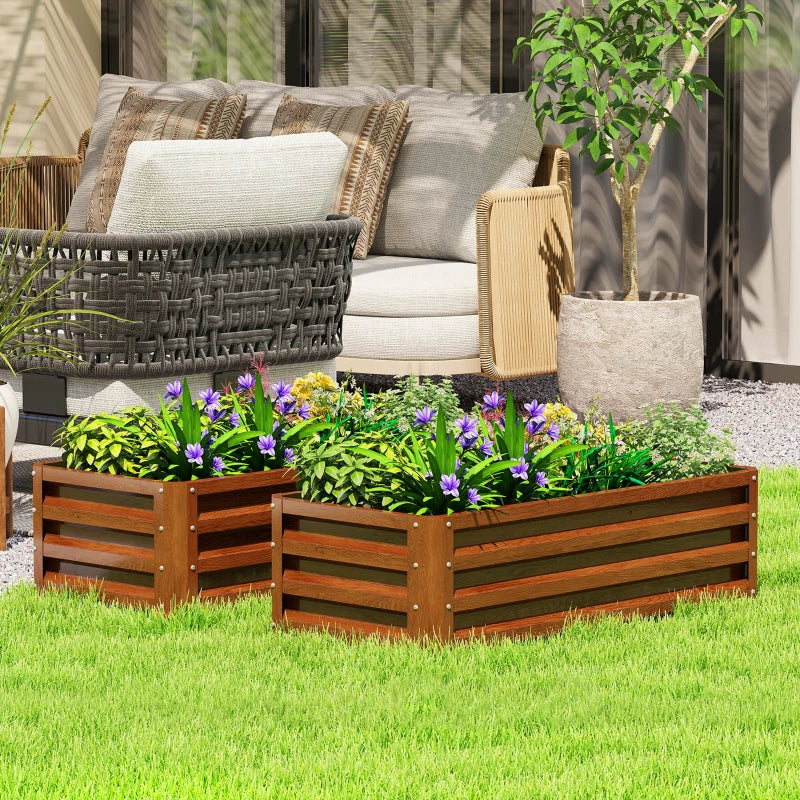 Galvanized Raised Garden Beds, Outdoor Planter Box, Set of 2, for Flowers, Herbs and Vegetables, Brown Wood Effect