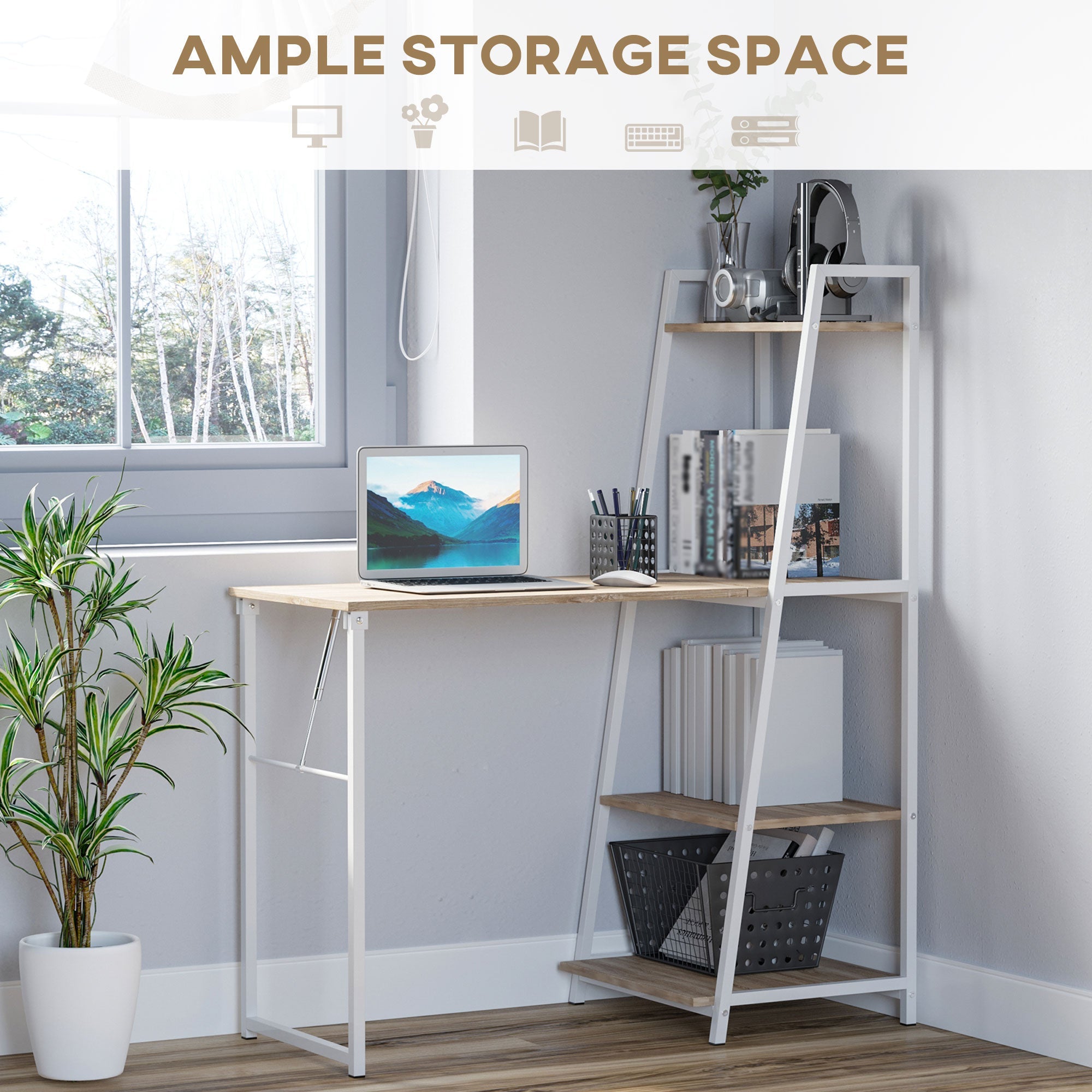 HOMCOM Foldable Computer Desk: Storage Shelves, Home Office Workstation for PC Laptop Gaming, White Natural 