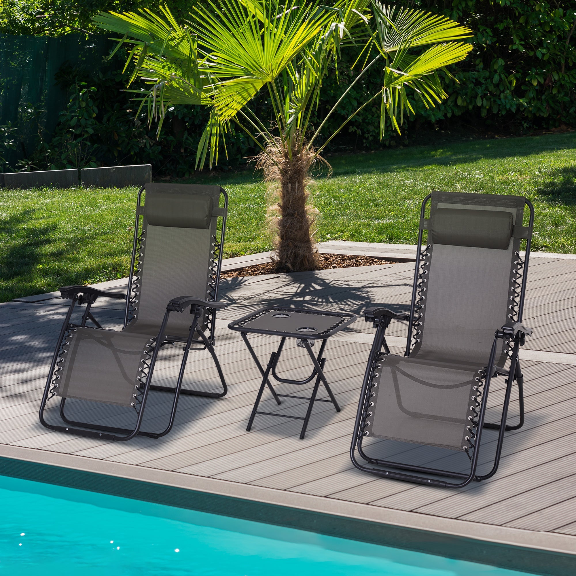 Outsunny 3pcs Zero Gravity Lounger Chair Set Patio Chaise Lounge Side Table w Cup Holder Grey 