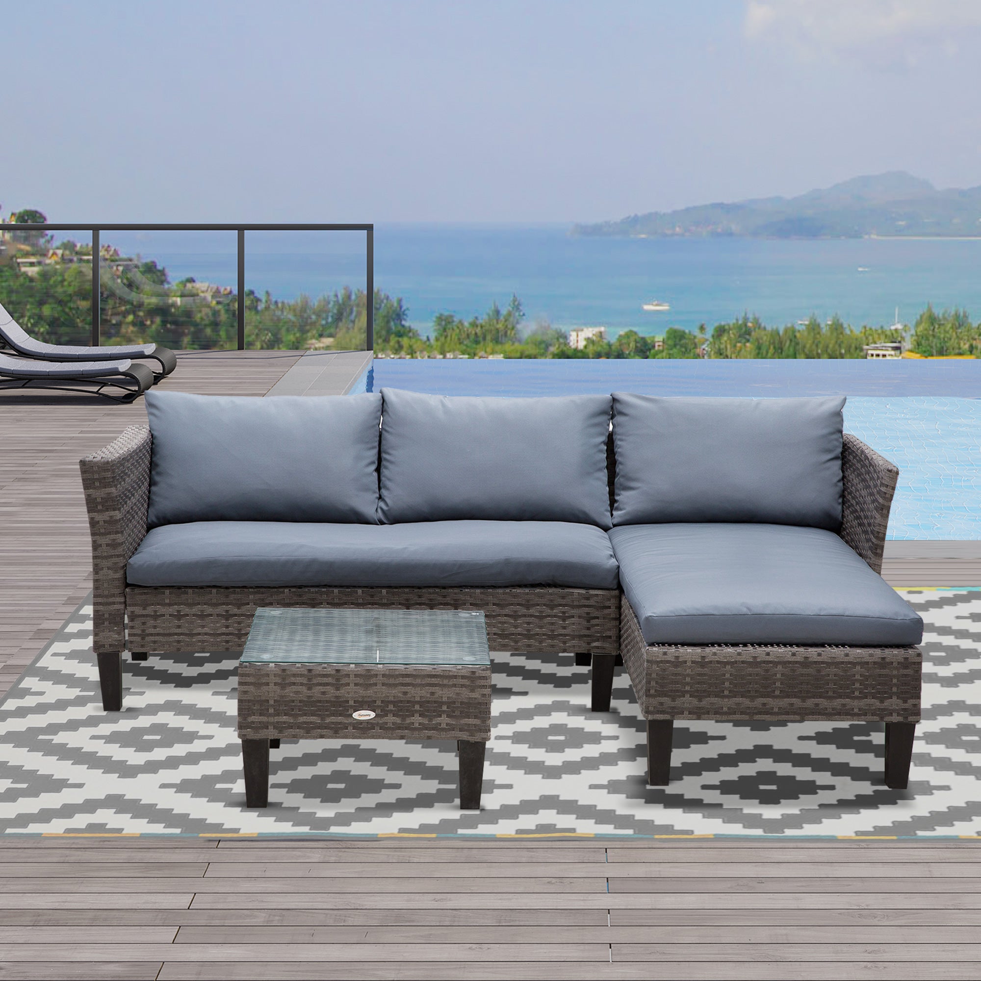 Outsunny 3 Piece Wicker Patio Set - Outdoor Sofa with Glass Tabletop, Cushions, Metal Frame in Grey for Balcony, Patio 