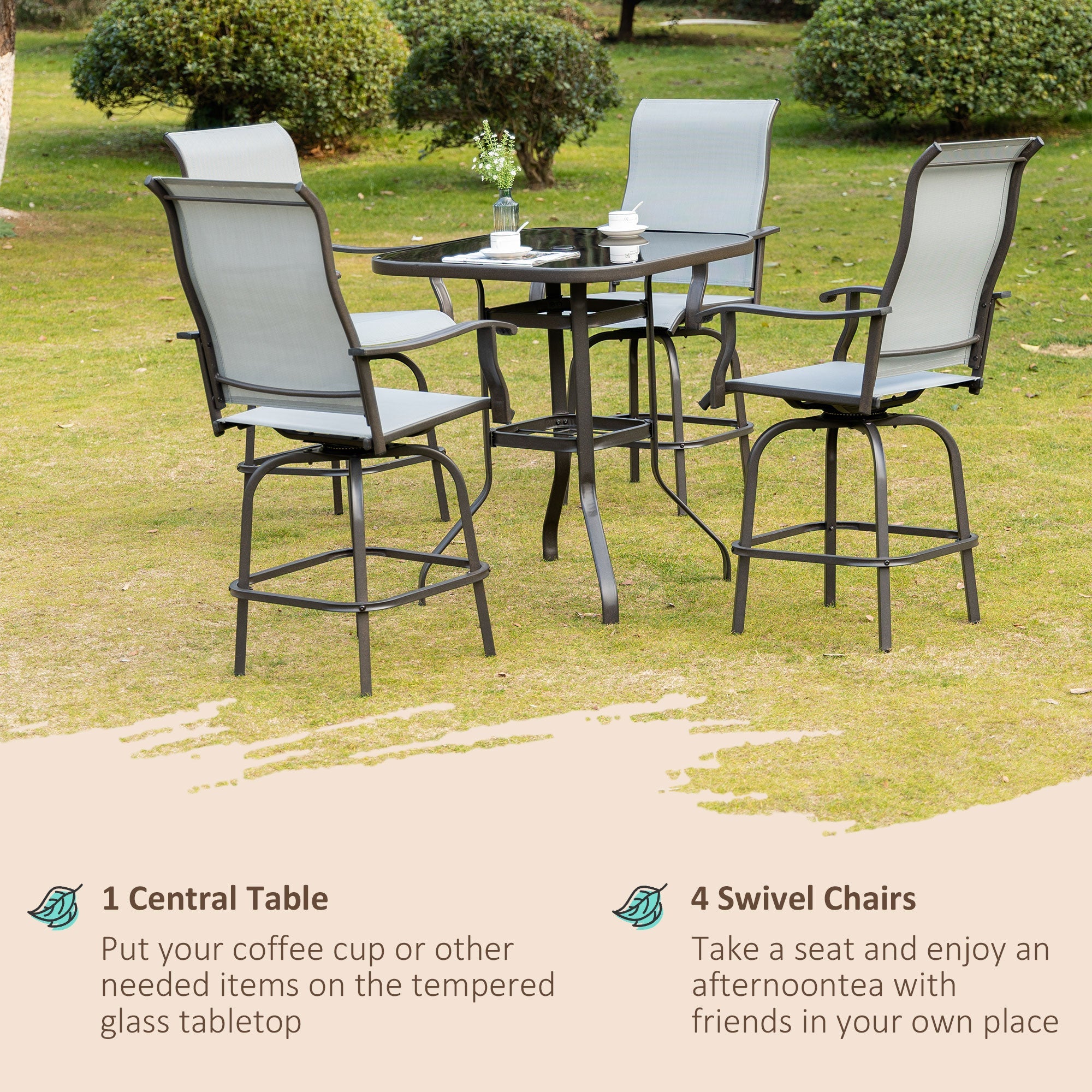 Outsunny Patio Furniture Set 5 Pieces Grey Outdoor Garden with Tempered Glass Table 4 Swivel Chairs Conversation Set 