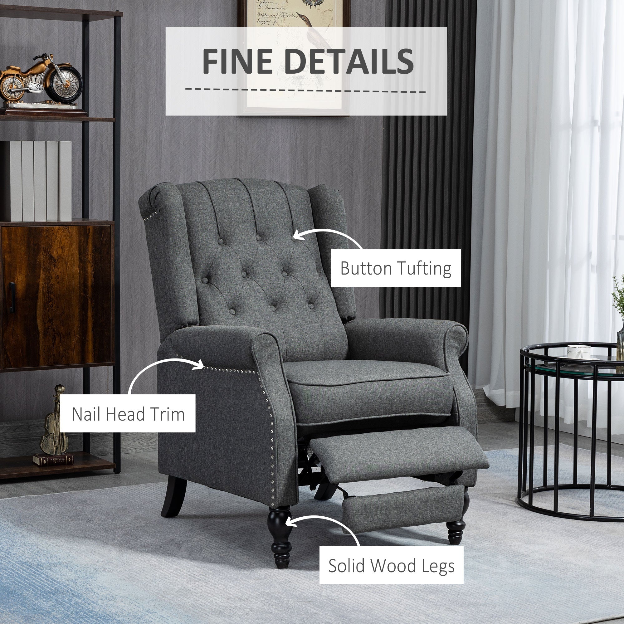 HOMCOM Manual Reclining Sofa, Fabric Push Back Recliner Chair with Button Tufted Backrest, Nail Head Trim, Armrest, Dark Gray 