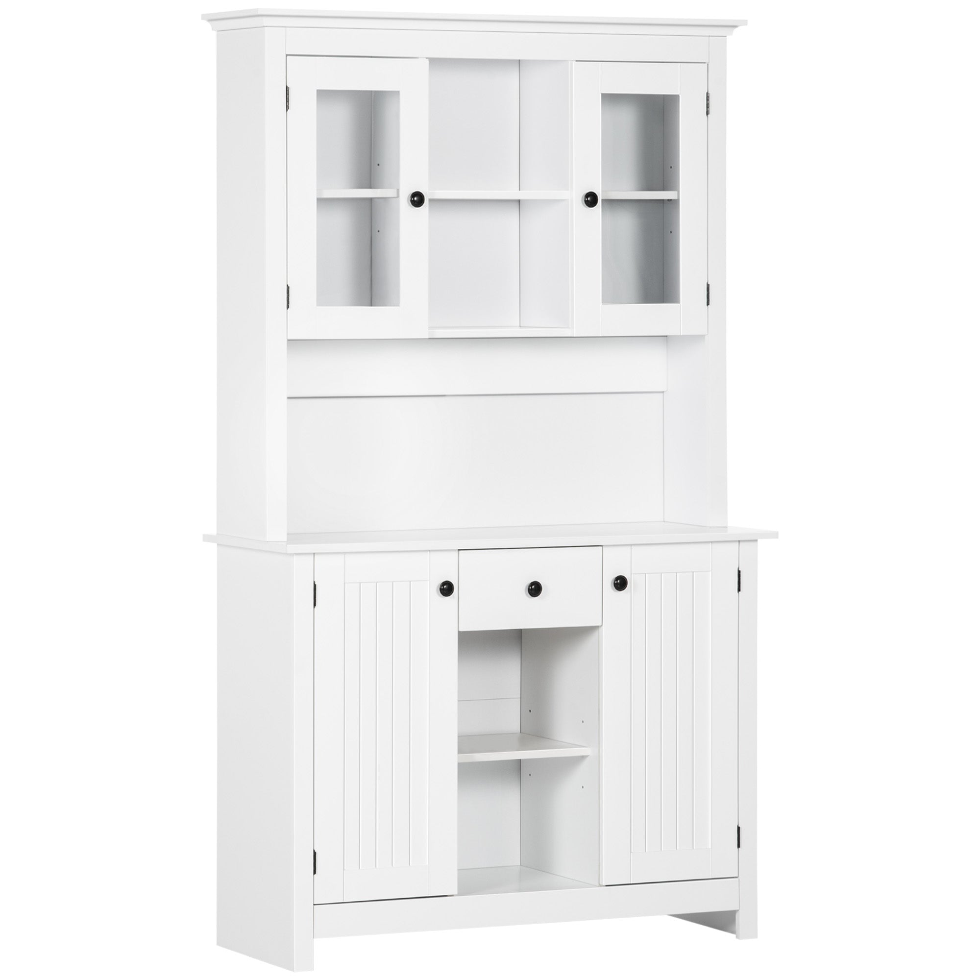 HOMCOM Farmhouse Flair: Freestanding Kitchen Pantry Buffet with Hutch, Microwave Stand, Storage Drawer, Beadboard Panel in White 