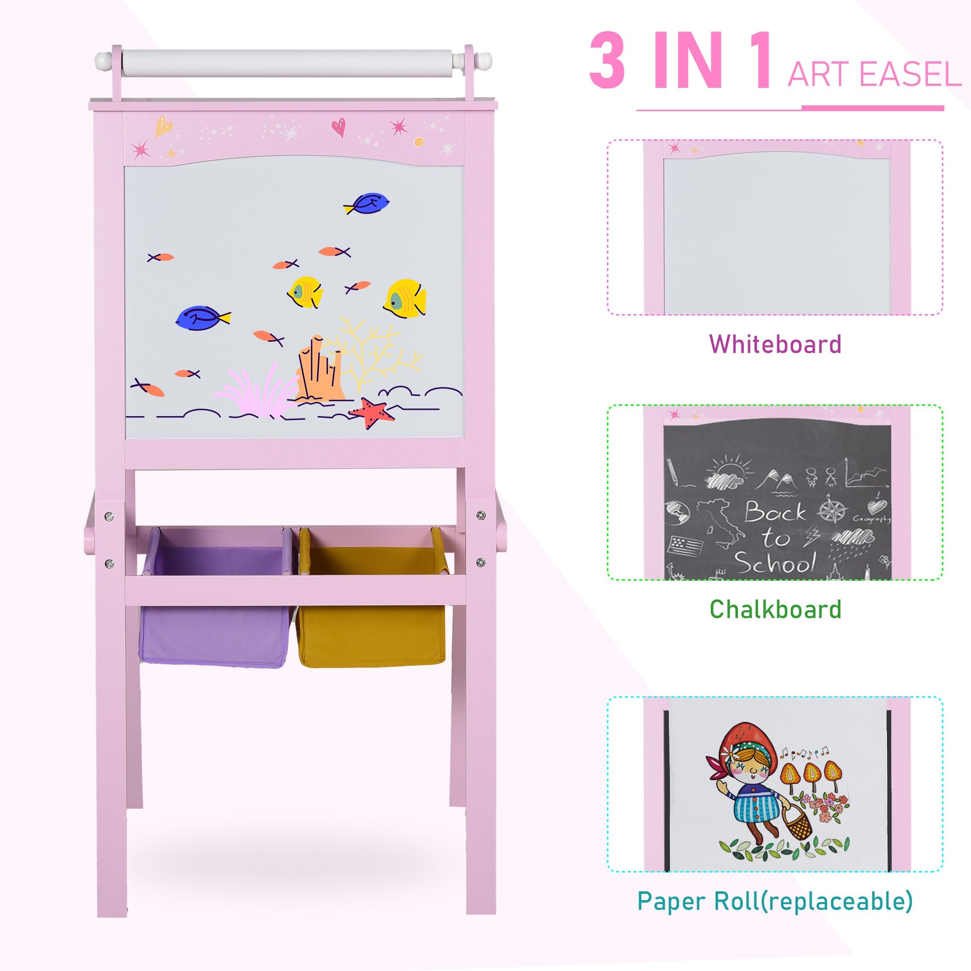 Qaba 3 In 1 Kids Wooden Art Easel w/ Paper Roll Double-Sided Chalkboard Whiteboard with Storage Baskets Gift for Toddler Age 3+ Pink 