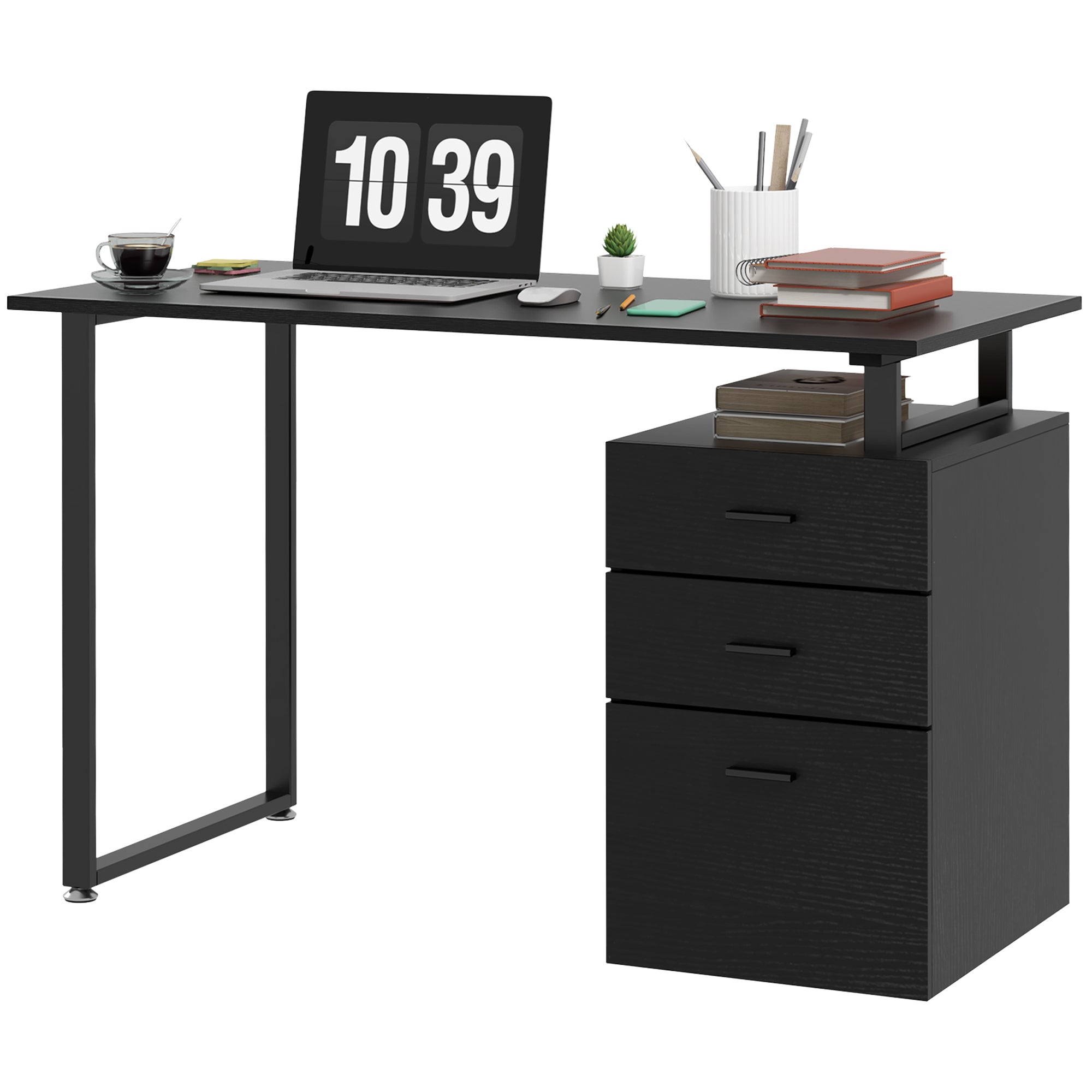 HOMCOM Elegant Office Desk: 47" Workstation with Drawers & File Cabinet for Home Office Study, Black Finish 