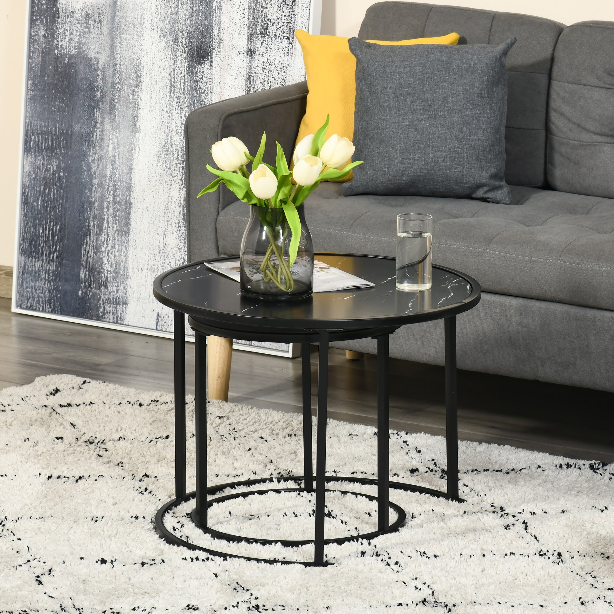 Homcom Black Nesting Coffee Tables: Round Set of 2 with Faux Marble Top & Metal Frame for Modern Style 