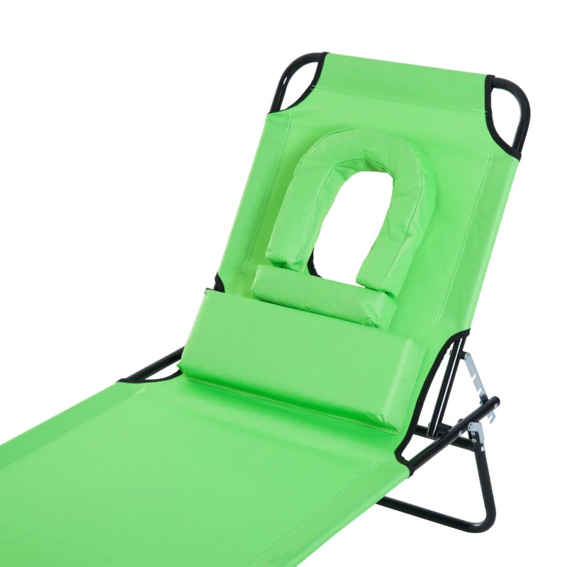Adjustable Outdoor Lounge Chair, Garden Folding Chaise Lounge with Face Hole Reclining Tanning Chair Seat, Folding Camping Beach Lounging Bed w/ Support Pillow, Green