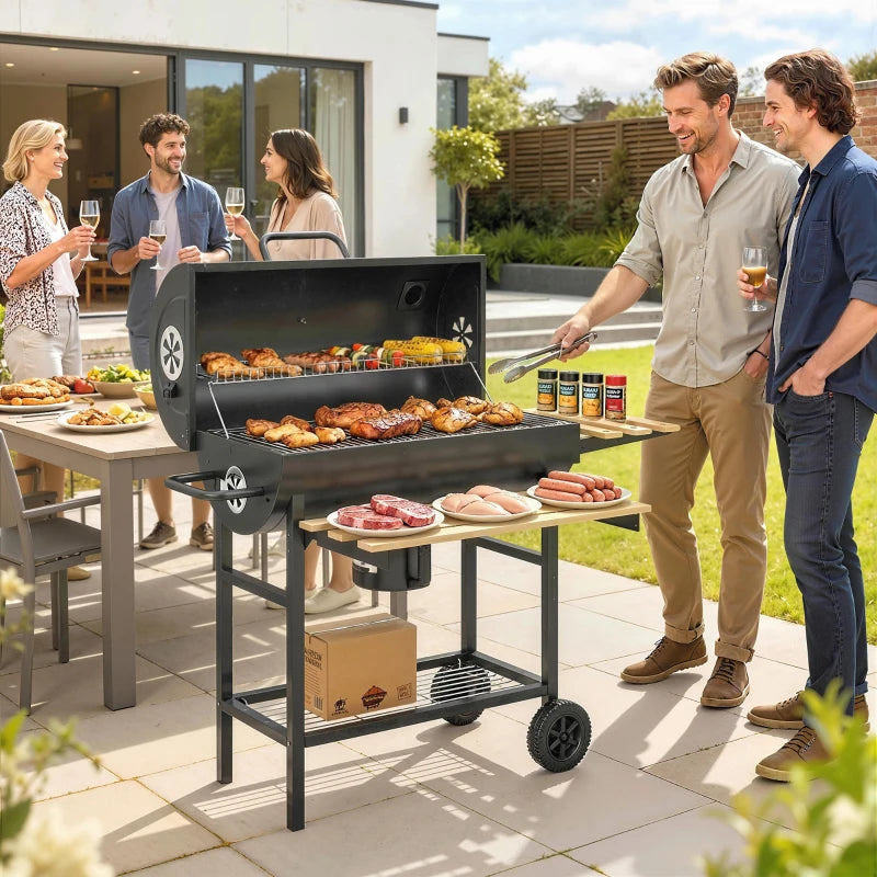 Charcoal BBQ Grill with Foldable Shelves, Barbecue Grill with Warming Rack, Thermometer, Wheels, Natural Wood and Black