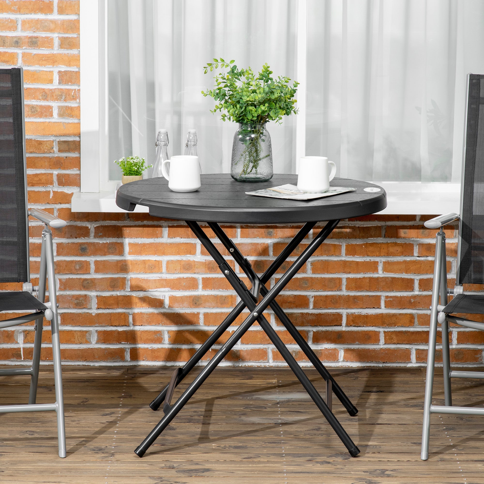 Outsunny Foldable Round Patio Table for 4, Outdoor Dining Table with HDPE Tabletop and Steel Frame, Dark Grey 
