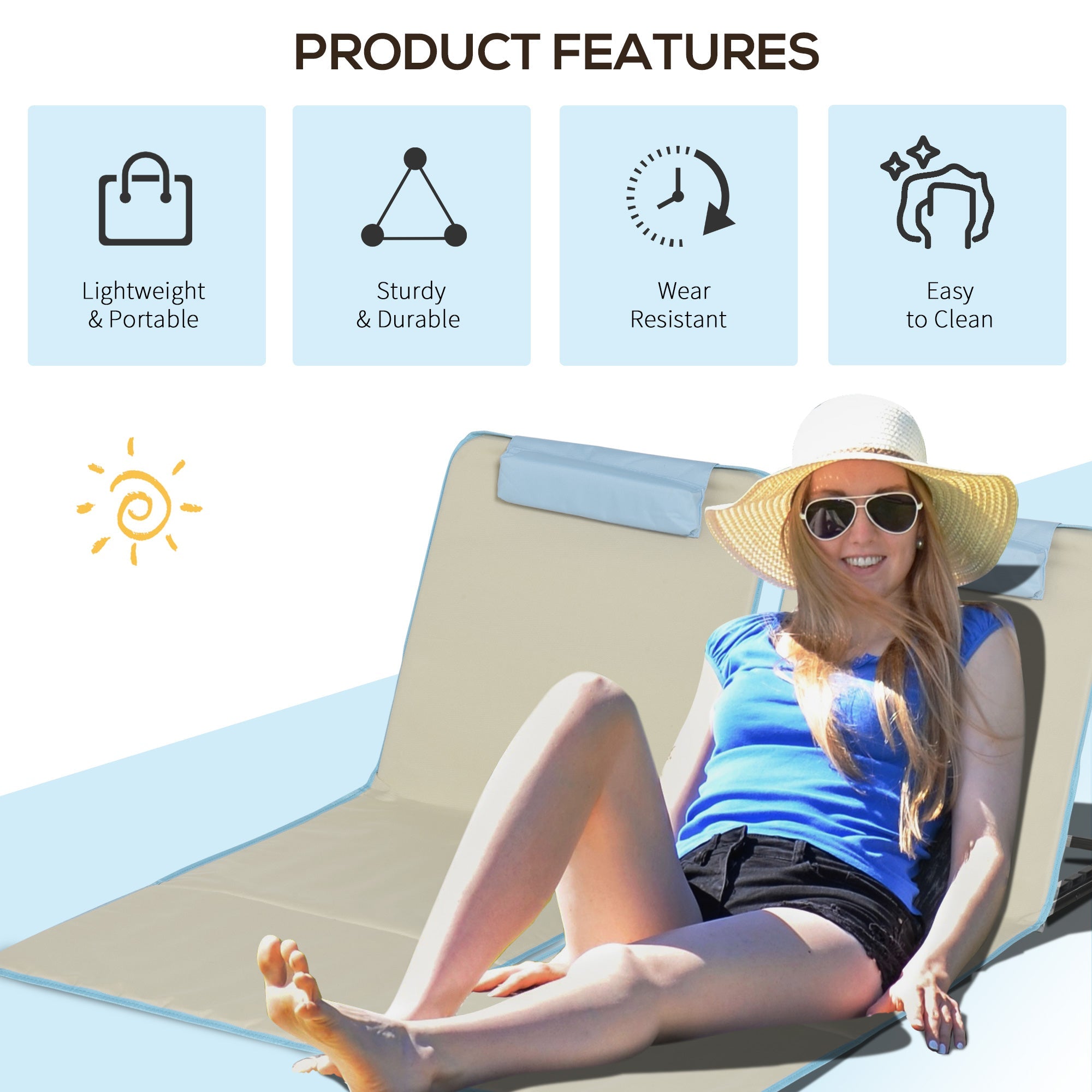 Outsunny Set of 2 Beach Lounge Chair, Folding Ground Beach Mat w/ Adjustable Back, Steel Frame, Head Pillow and Carry Bag, Beige 