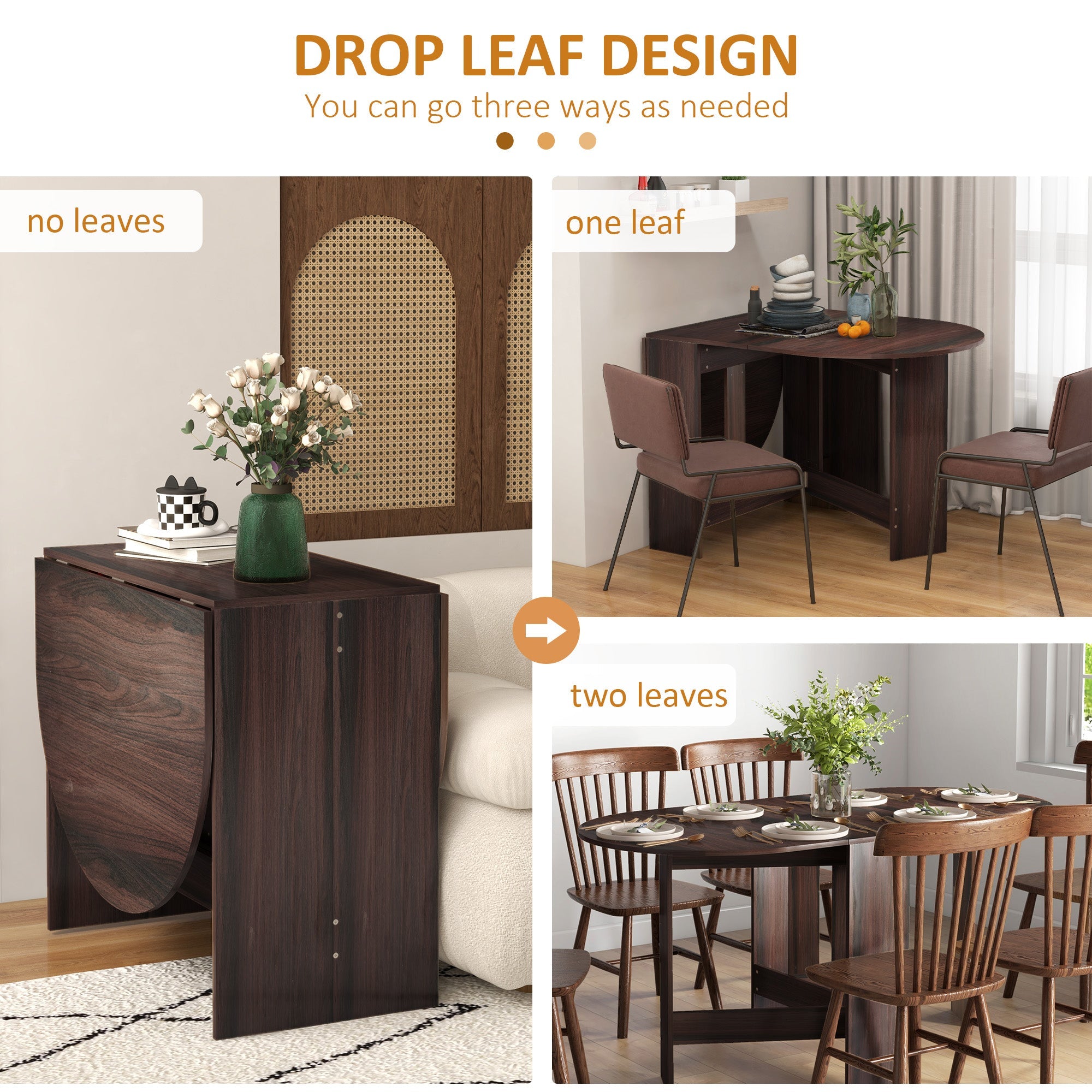 HOMCOM Folding Drop-Leaf Table: Oval Compact Dining Table for Small Spaces, Distressed Brown Finish 