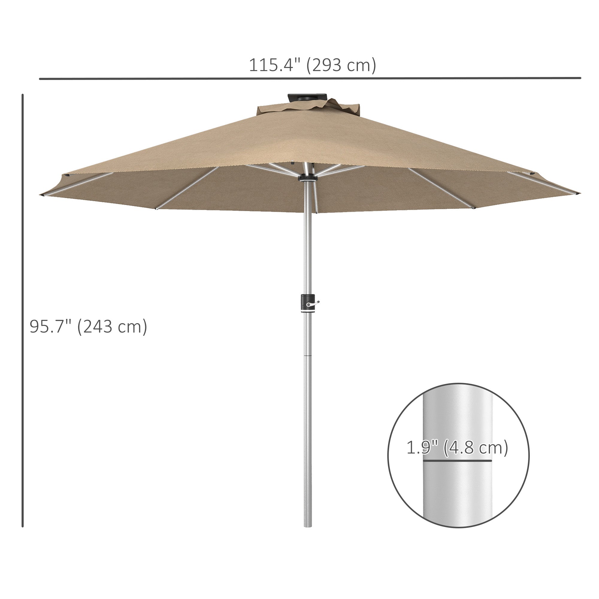 Outsunny Solar Illumination Shade: LED Lighted Patio Umbrella with 4 Lighting Modes, USB Charging Outdoor Deck Khaki 