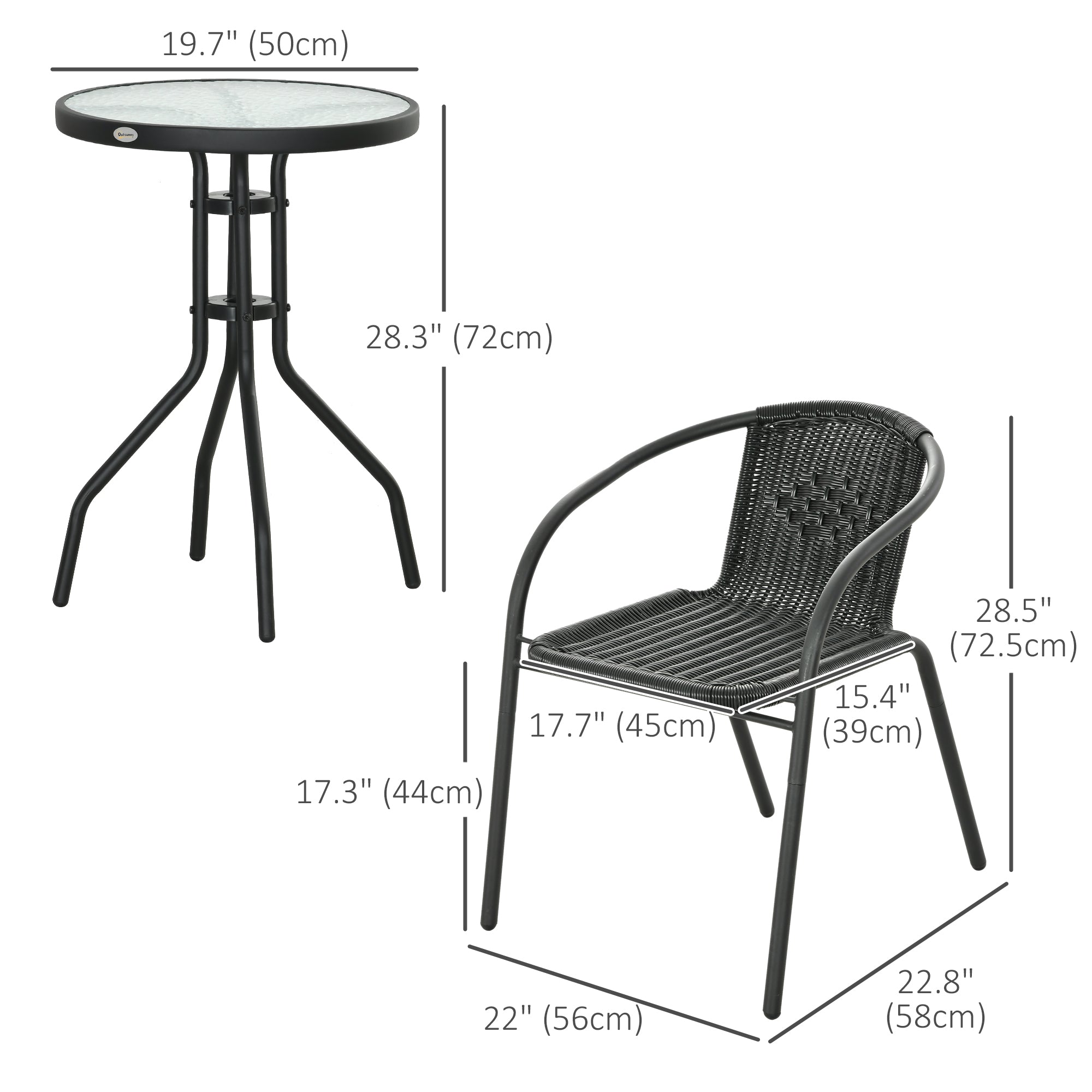 Outsunny 3 Pieces Outdoor Wicker Furniture Set with 2 Stackable Chairs, Tempered Glass Coffee Table for Garden, Backyard, Black 