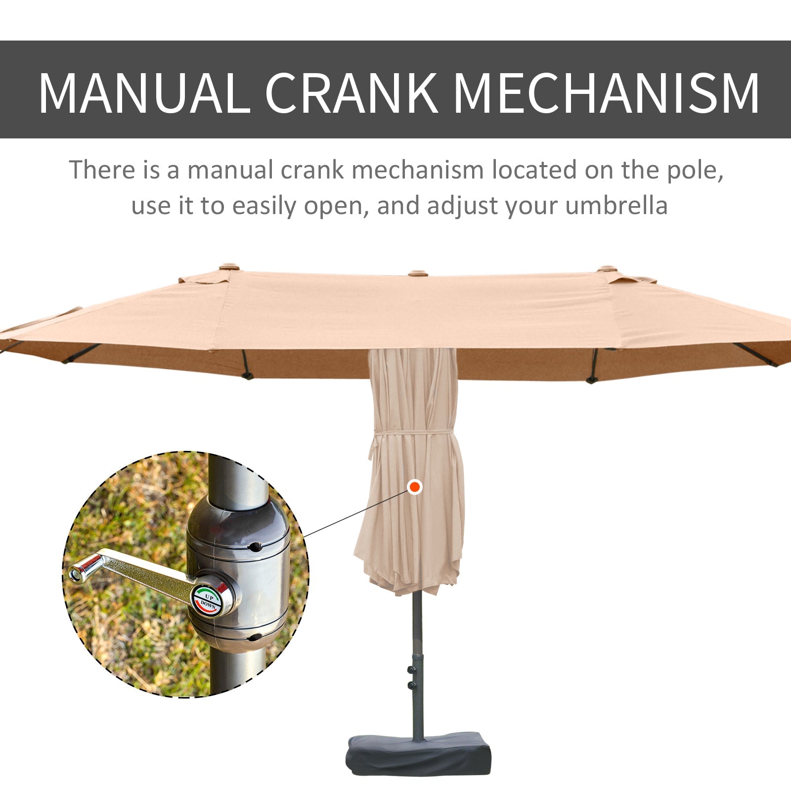 Outsunny 15' Outdoor Patio Umbrella with Twin Canopy Sunshade Steel Table Umbrella w/ Lift Crank, Cross base, Sandbag, Brown 