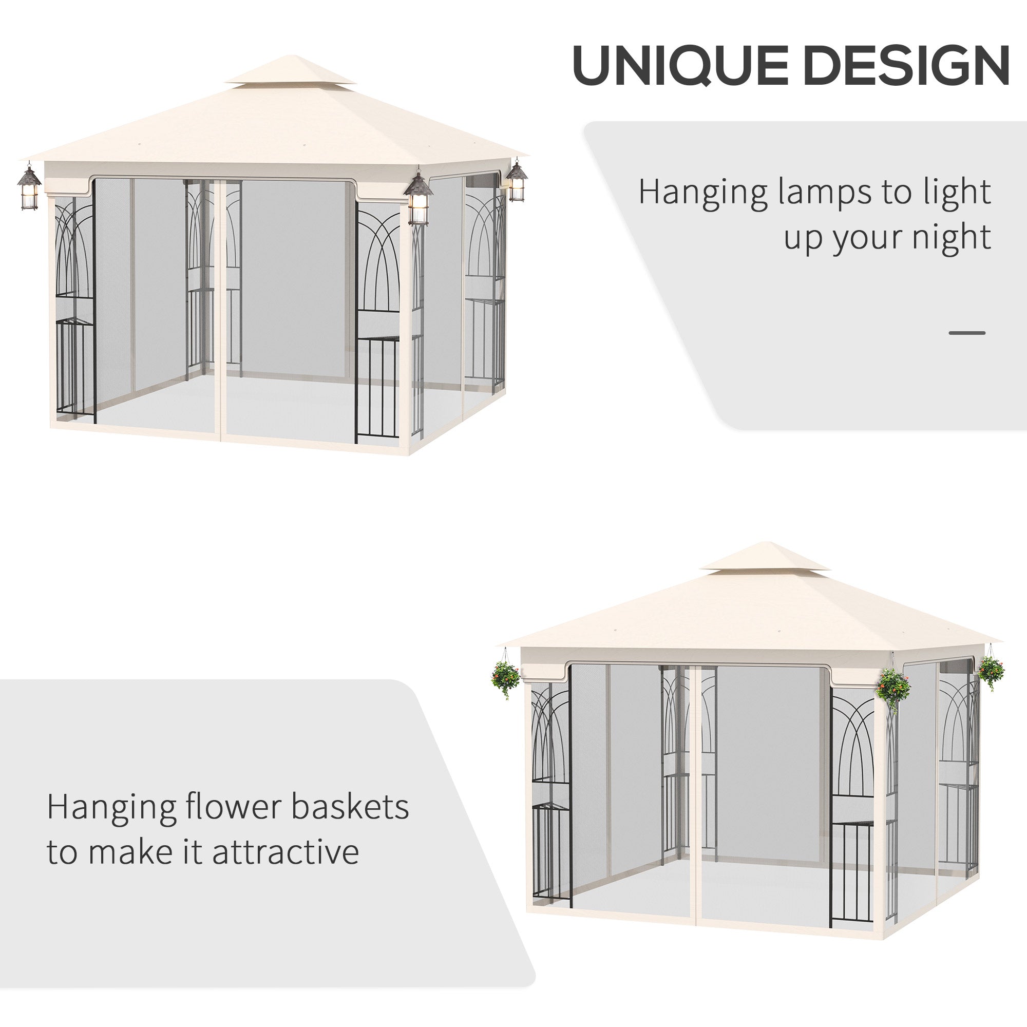 Outsunny 10'x10' Soft-top Patio Gazebo with Double Tier Roof, Mesh Curtains, Display Shelves, Top Hooks, Cream 