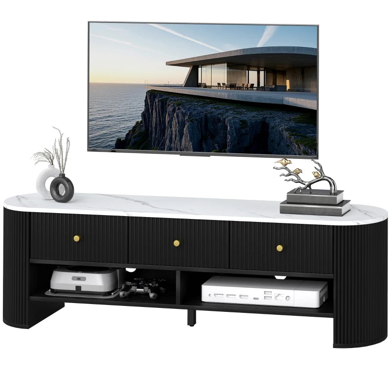 TV Stand, Modern TV Table with Marble-Effect Top, 3 Drawers and 2 Open Shelves for 32-65 Inch Television, Black