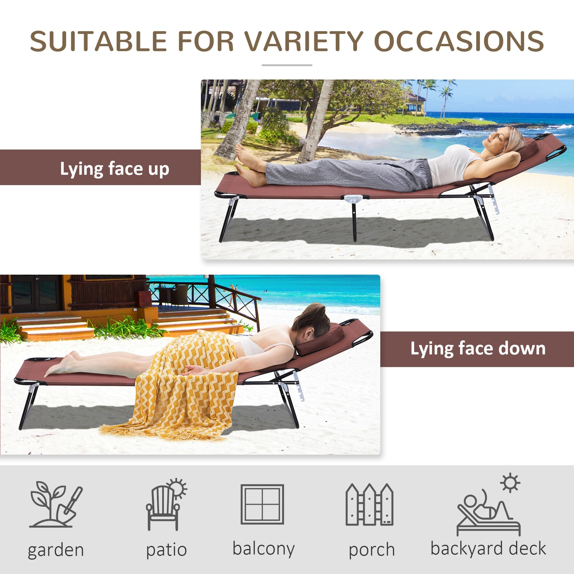 Outsunny Sun Lounger with Reading Hole, Adjustable, Foldable, for Beach & Camping, Outdoor Recliner - Brown 