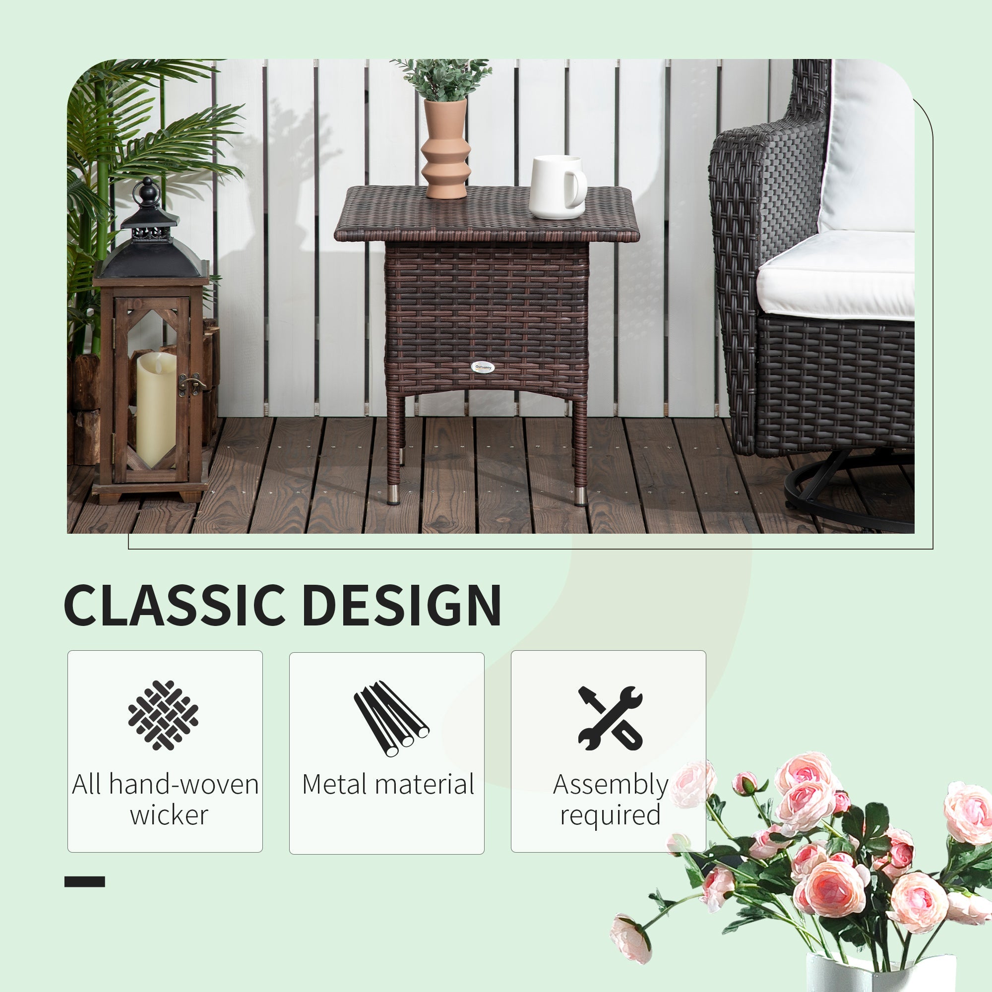 Outsunny Rattan End Table, Outdoor Coffee Table, with Plastic Board Under the Full Woven Table Top, Mixed Brown 