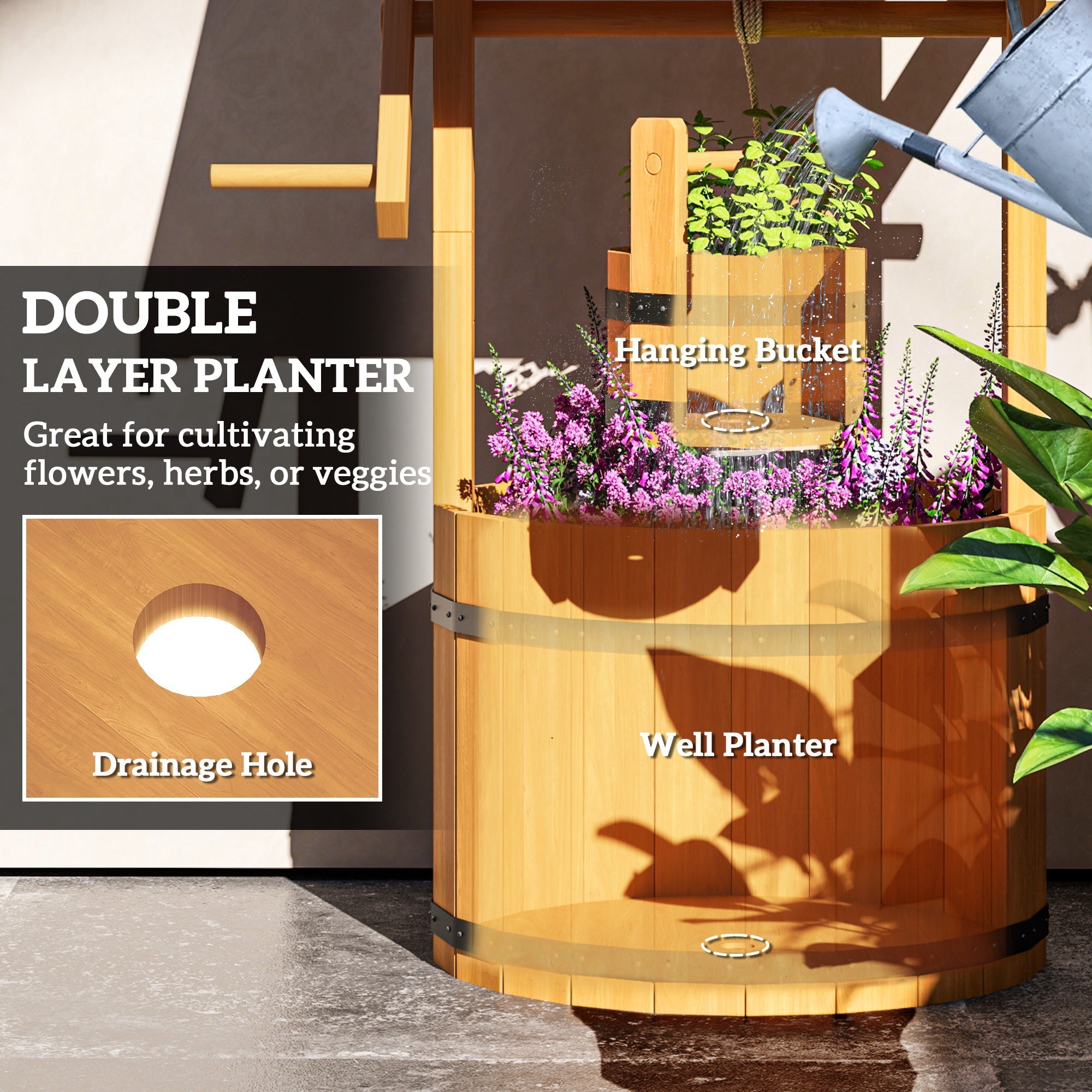 Outsunny Wood Wishing Well Outdoor Wooden Planter with Hanging Bucket and Drainage Hole for Garden, Patio, Backyard, Orange 